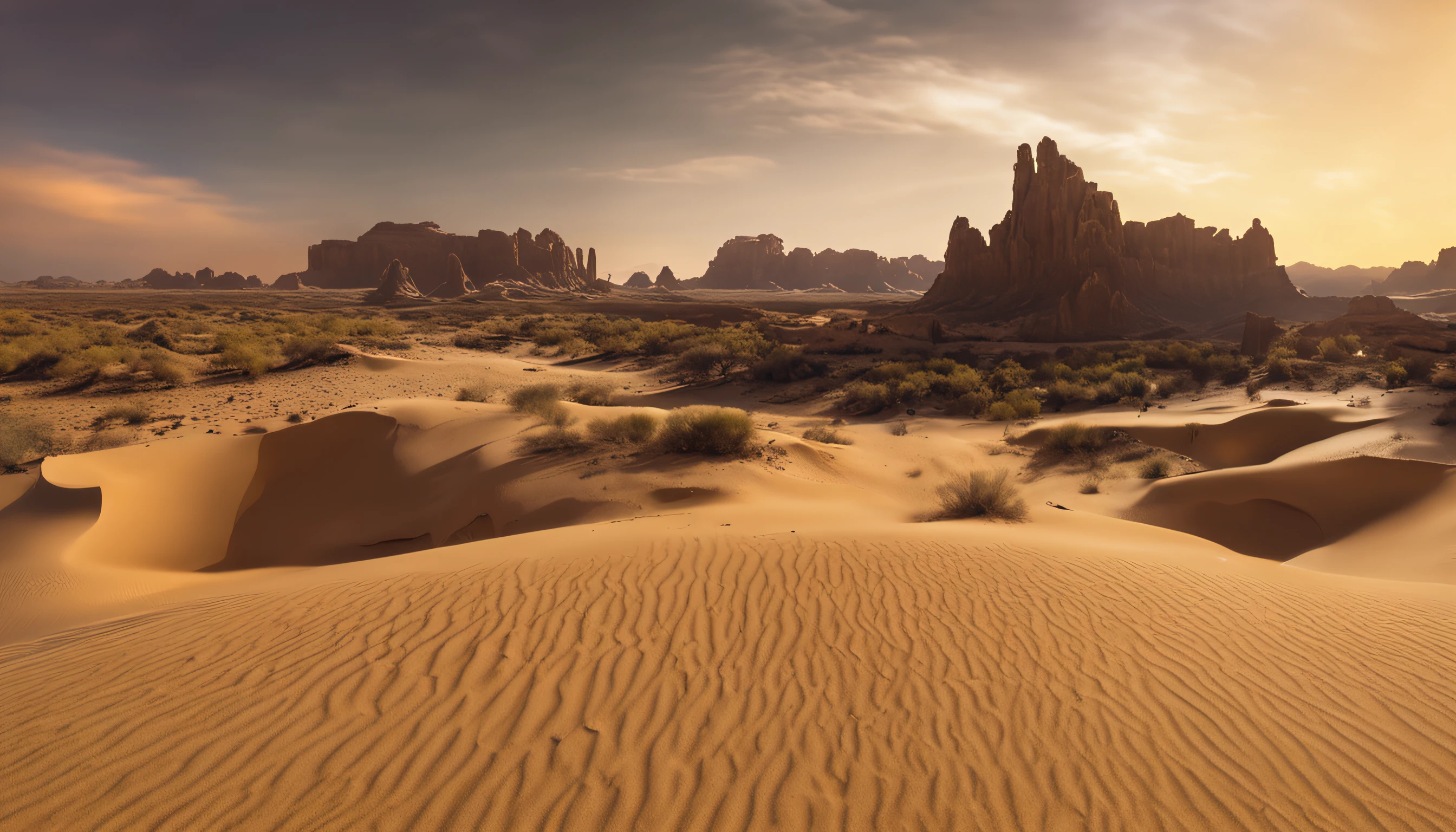 (Time-lapse photography:1.55),The main body of the picture is an endless desert,sand,Weathered ancient ruins, yellow sand,with a thriving oasis in the middle,clear water,Tropical desert green plants,Realism,Astrophotography,starry sky,