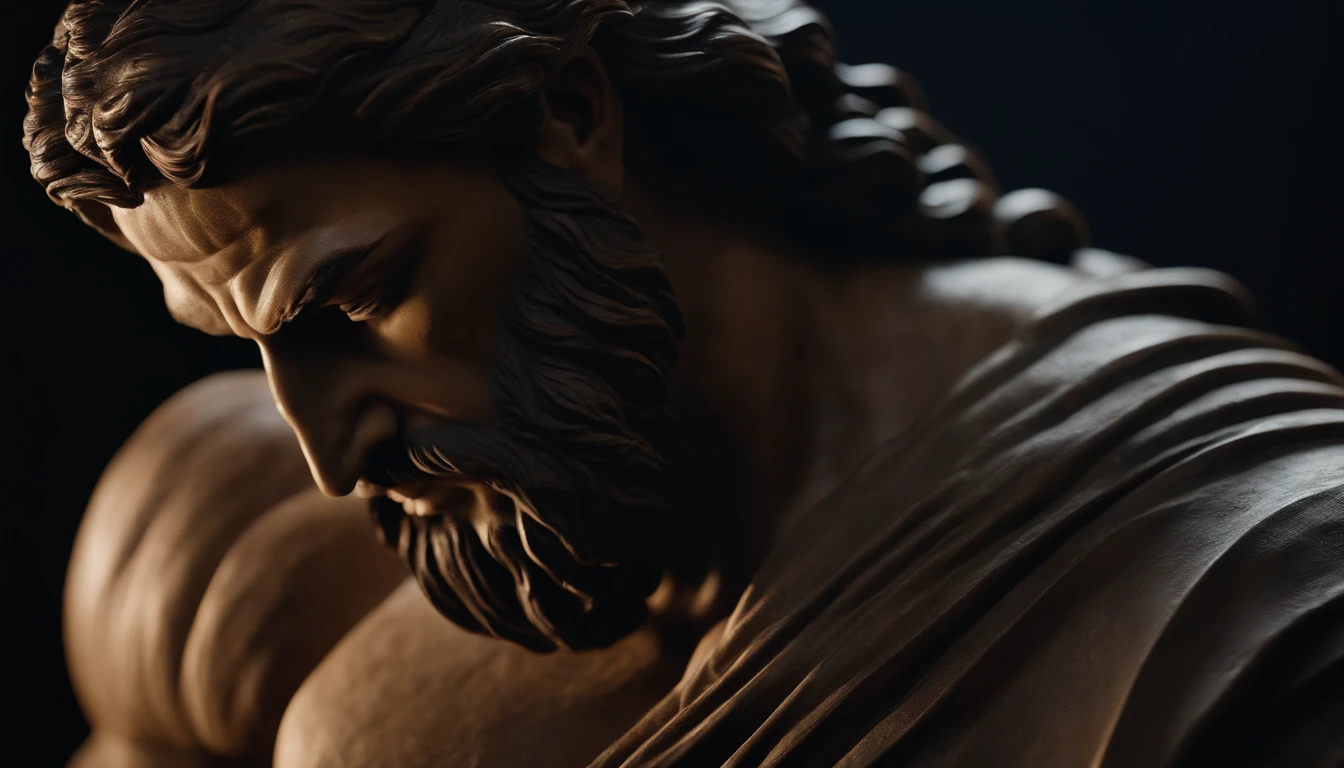 Greek philosopher muscular statue, big beard, cinematic, dark background, 8k, ultra realistic, setting from 2 thousand years ago