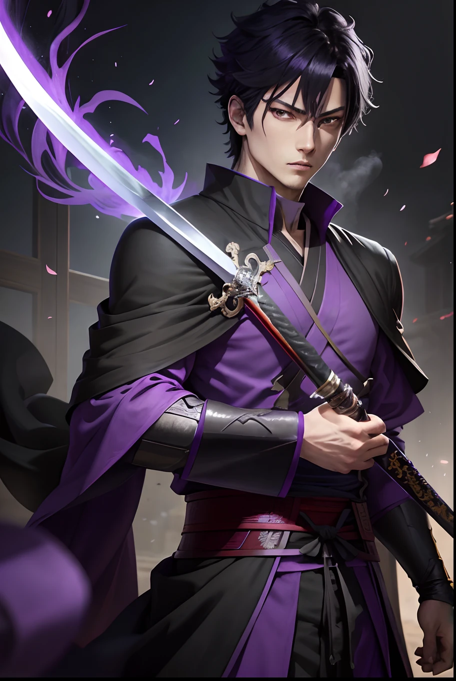 a man in a purple shirt holding a sword, handsome guy in demon slayer art, koyoharu gotouge, hijikata toushirou of gintama, wearing black and purple robes, ufotable studio art style, in dark purple robes, dark purple robes, official character art, screenshot from black clover, hijikata toushirou