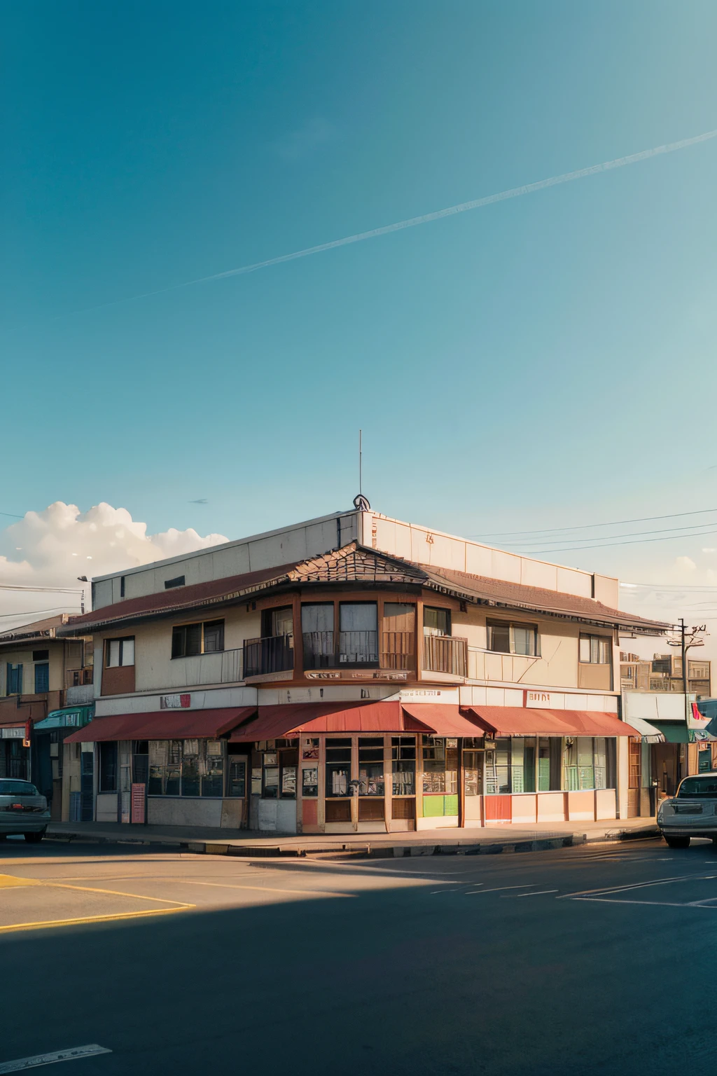 Illustration of small town commercial buildings, Building with tropical mountain in the background, （Vista de montanhas），In a Japanese anime style，（Loja da cidade pequena com montanhas no fundo, movimento cotidiano），Detalhe abundante，Quiet and friendly atmosphere，Summer City, Retro Tones，Estilo de pintura delicado e suave，cinematic lighting effects，high-definition picture quality，luz suave，sonho，Detalhe abundante，32kinspirado em Edward Ruscha, grainy risograph matte painting, Tatsuro Kiuchi, inspirado em Emiliano Ponzi, Directed by: Brigette Barrager, inspirado em Charles W. Bartlett, Directed by: Carey Morris, Directed by: Quinton Hoover, Architectural illustration of small modern commercial establishments.