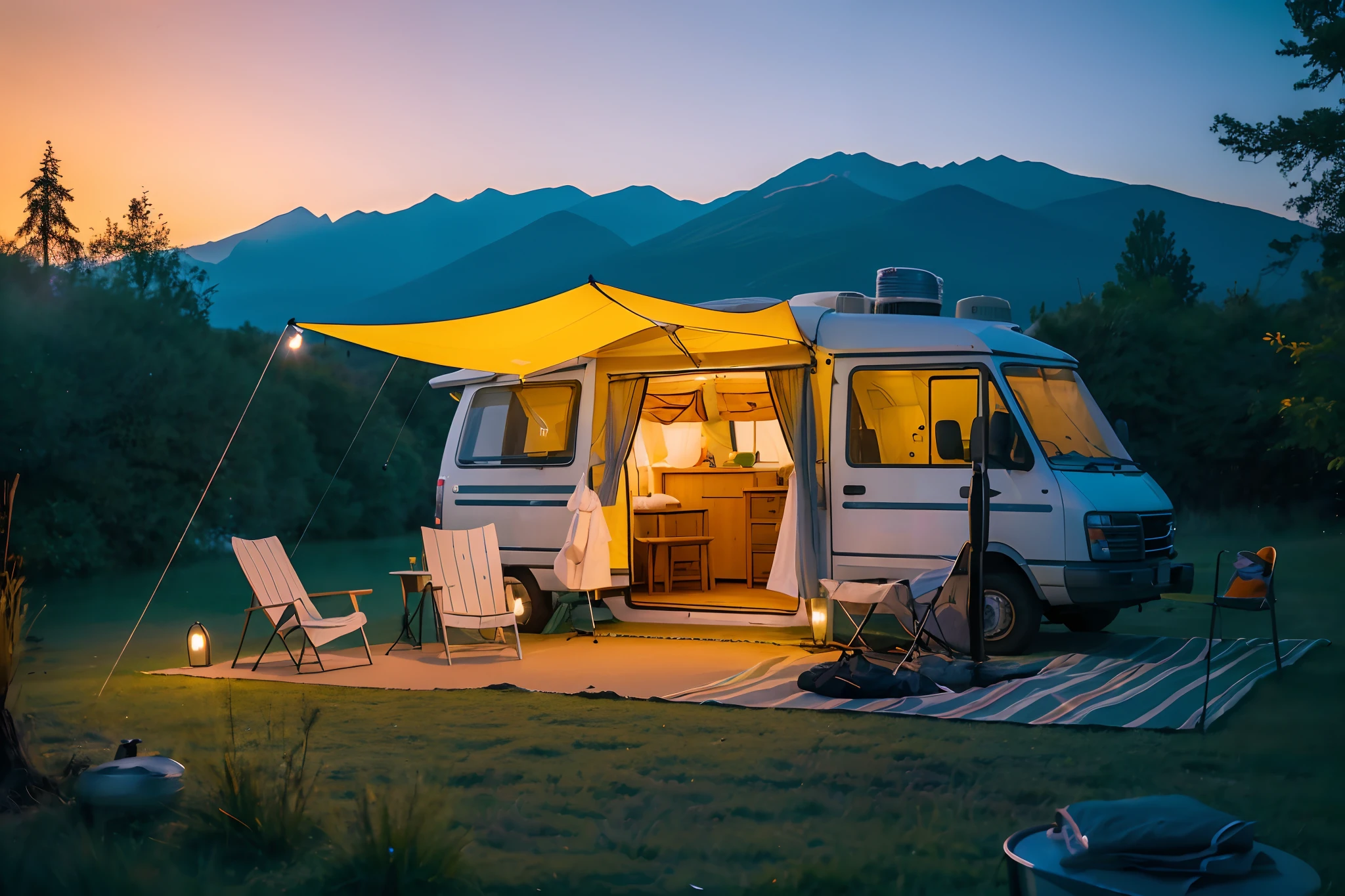 (Best quality,4K,8K,A high resolution,Masterpiece:1.2),Ultra-detailed,(Realistic,Photorealistic,photo-realistic:1.37),Campervan,RV,vehicle,Luxurious,,spacious,comfortable,camping,Adventure,travel,vacation,Outdoors,scenic,Beautiful nature,In the wild,wilderness,Sunset,Sunrise,Mountains,ln the forest,Remote location,Peaceful,serene,tranquil,lakeside,Collection,barbecue,unwind,Family time,Comfortable interior,King bed,kitchenette,Shower,toilet,Equipped with essentials,Awning,Alfresco dining area,solar panels,On-board power supply,Generous storage,sleeping bag,picnic table,Outdoor gear,fishing gear,hiking boots,binoculars,campfires,Stargazing,music,Dance,Bonding moments,Memories of a lifetime,blissful,Enjoy the beauty of nature,Out of touch with the world,Find inner peace,Embrace simplicity,Colorful sunset,Soft natural lighting。