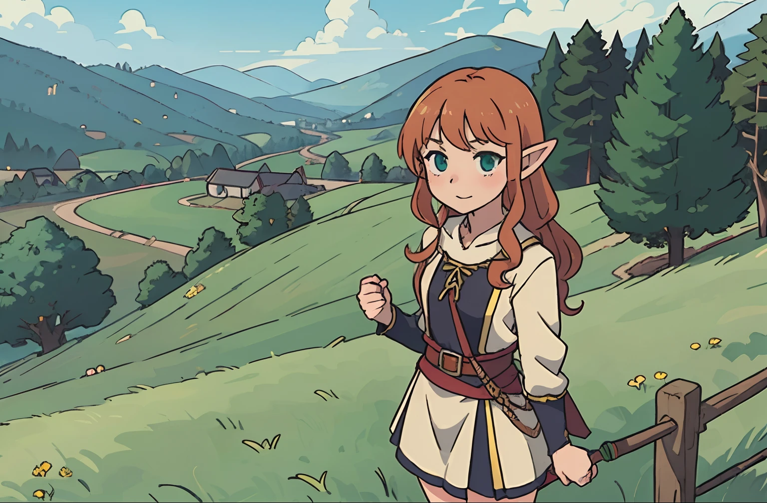 masterpiece, high details, original, 1girl, anime adaptation, ufotable studio, still image from anime series, elf girl, modest, cute, beautiful, stands on top over hills, elf ears, ginger hair, wavy hair, peasant clothing