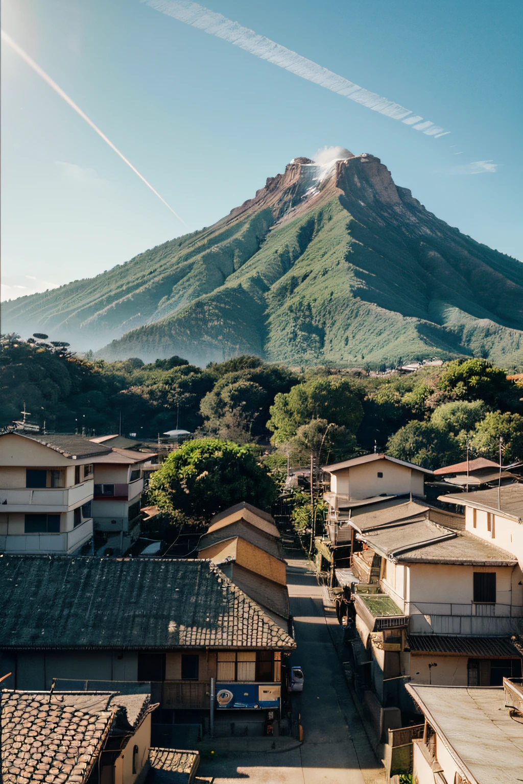Commercial Buildings Illustration, Building with tropical mountain range in background, （Vista de montanhas），In a Japanese anime style，（Loja da cidade pequena com montanhas no fundo, movimento cotidiano），Detalhe abundante，Young and friendly atmosphere，Summer City, Retro Tones，Estilo de pintura delicado e suave，cinematic lighting effects，high-definition picture quality，luz suave，sonho，Detalhe abundante，32kinspirado em Edward Ruscha, grainy risograph matte painting, Tatsuro Kiuchi, um ponto de fuga central na imagem, serra montanhosa tropical, verde militar, carro hypado passando, illustration. inimalista
