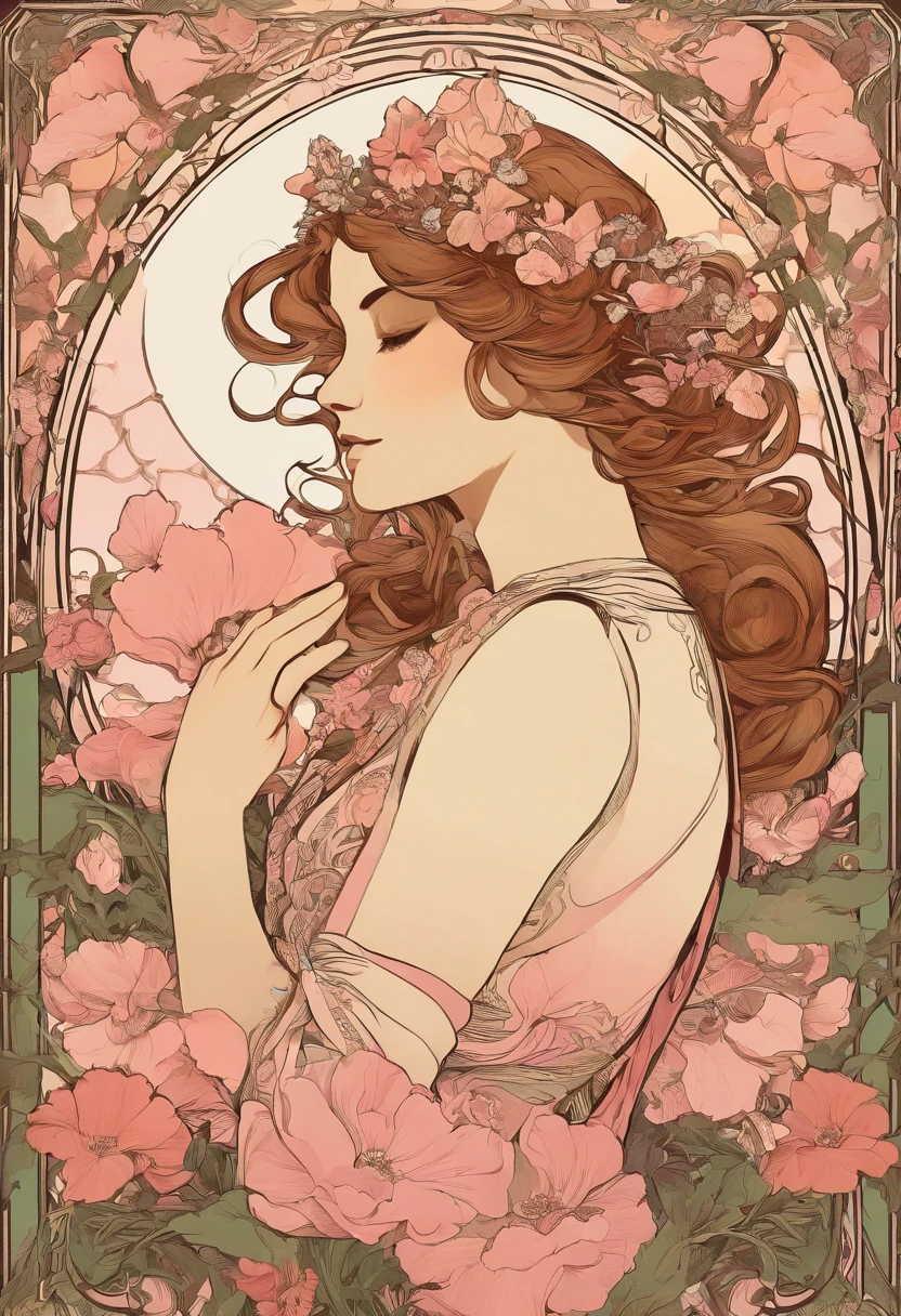 8k.Poster illustration in Alphonse Mucha style, pintura plana, menina de costas com um vestido rosa de debutante ,Corpo inteiro como,corpo esguio,barefoot,Arte Nova, plantas em segundo plano, NFFSW, masutepiece, Alfonse Mucha, Detalhes altos