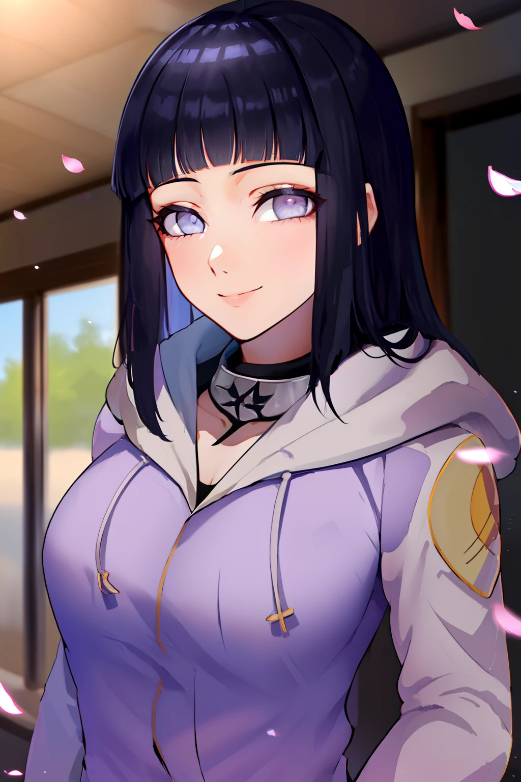 beau, master piece, beste-Qualit, extremely detailed face, perfect  lighting, 1fille, hinata, hyuuga hinata, frange, empty_eyes, black_hair, blunt_bangs, yeux gris, manches grises, headband_around_neck, hauts, coupe hime, hooded_cardigan, manches longues, looking_at_viewer, petals, sourire, solo, cheveux raides, haut du corps, hooded jacket, corps parfait, sur u' lit, avec en train de rougir et de sourire