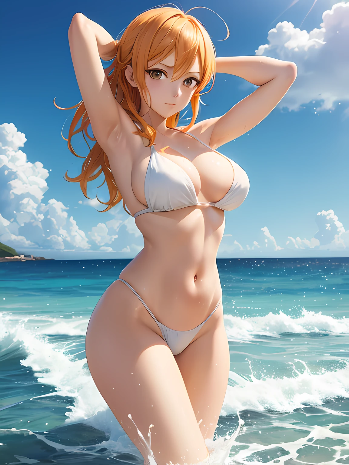 nami from one piece, very light orange and yellowish haired girl, beautiful brown eyes, large breasts, naked, arms behind head, art style should resemble a captivating anime style, for the image quality, please prioritize (best quality, 4k, 8k, highres, masterpiece:1.2), ultra-detailed