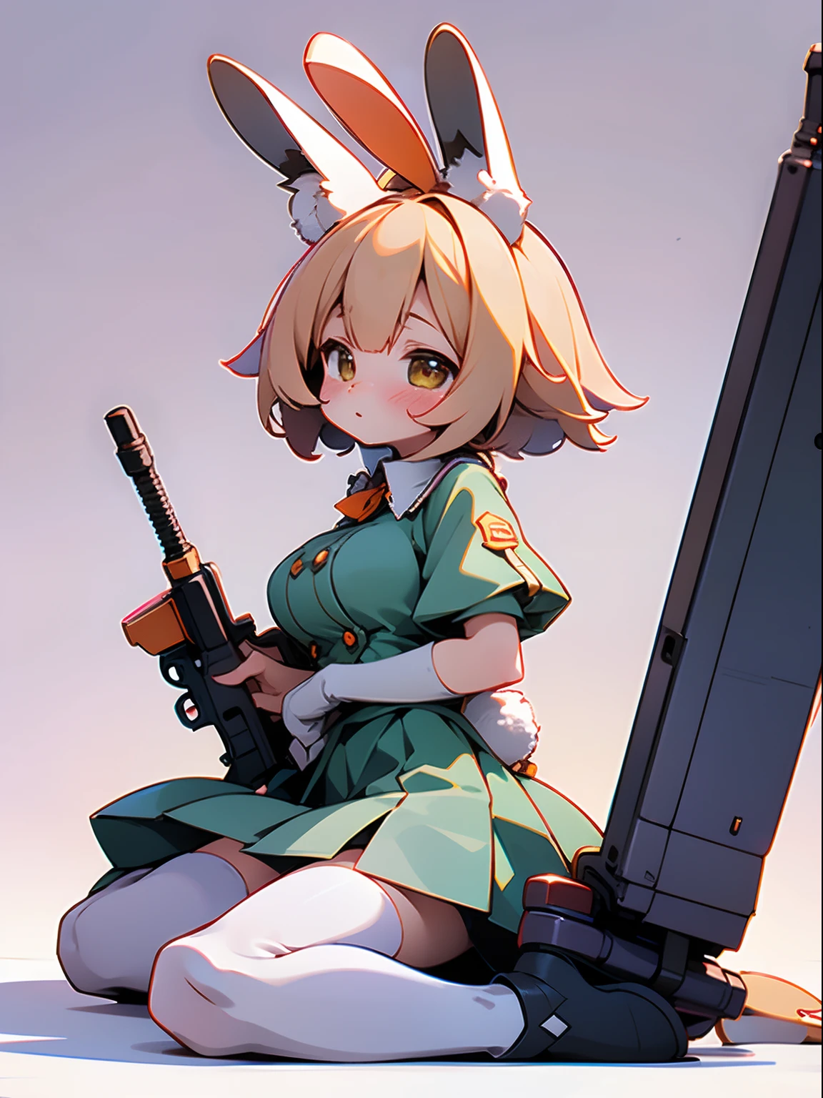 ​masterpiece、top-quality、hight resolution、8K、full body Esbian、1 rabbit girl、((Big ears in rabbits))、soldier、Military uniforms、short-hair、Colossal tits、cleavage of the breast、big eye、kawaii eyes、Draw your face beautifully、Standing on one knee、Aiming with a rifle、micromini skirt、Chewing carrots like tobacco、pantiy、Panchira、perspiring、The background is ruins、