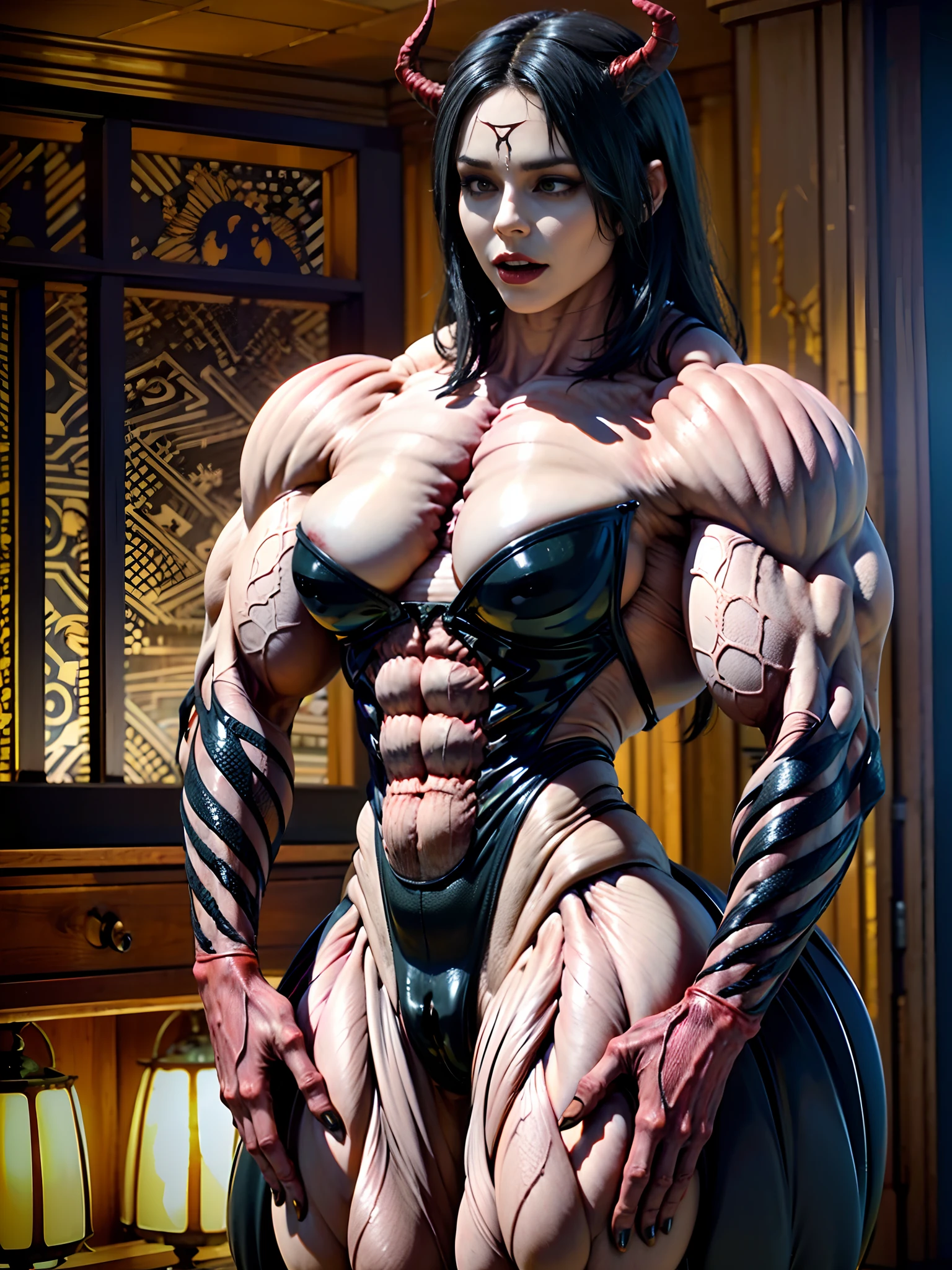 (carnage:1.5),(beautiful female model:1.5), (demoness with Large horns:1.25),(1 super muscular succubus with flayed skin:1.5), (covered in thick muscle suit:1.5), (exposed perfect anatomy:1.5), high detail, best quality, masterpiece, finely detail, realistic skin texture, 85 mm art lens, f 1.2, sharp focus, 8 k high definition, insanely detailed, intricate,