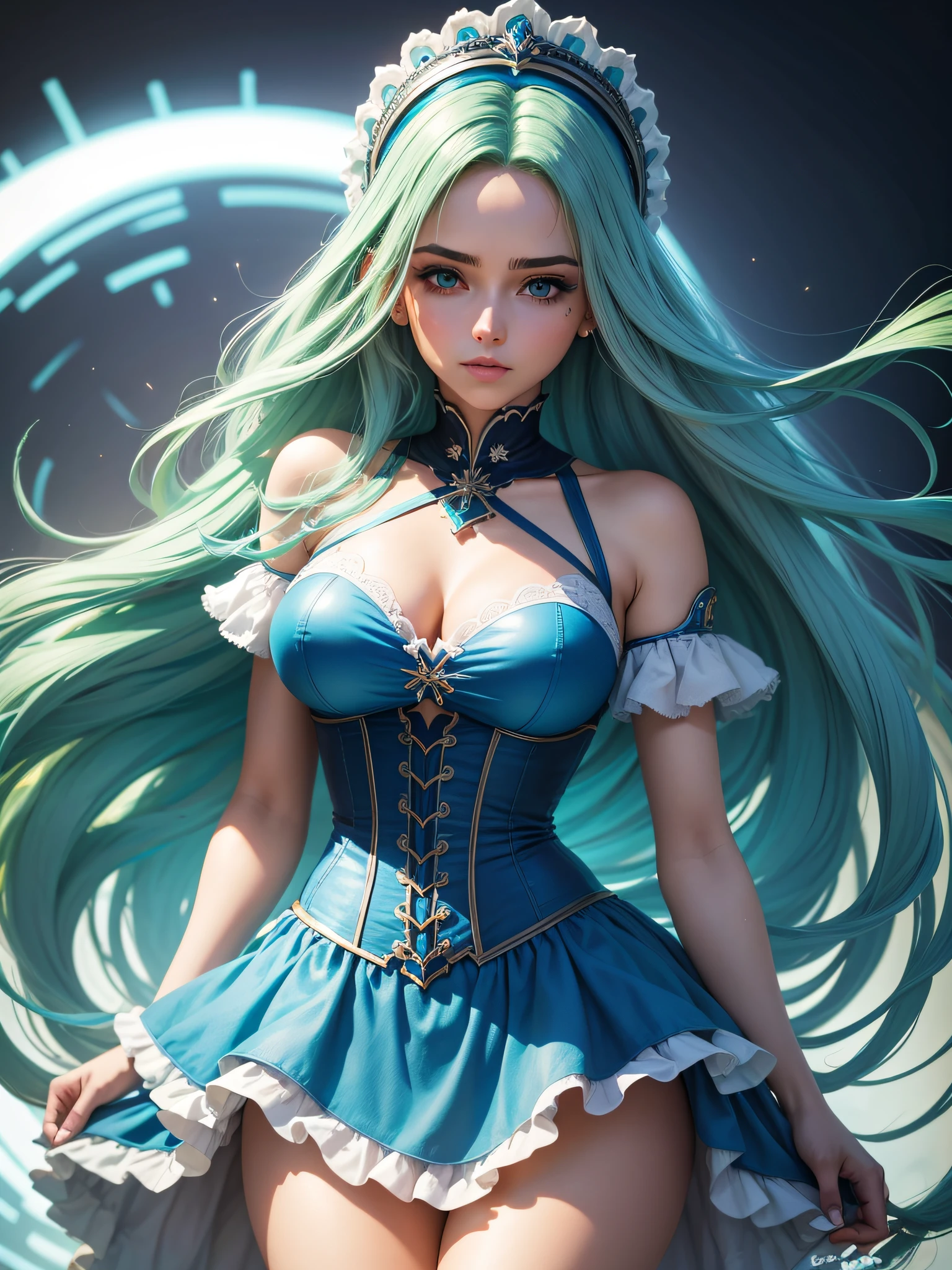 Uma garota de cabelo azul e olhos verdes, melhor qualidade, ultra detalhado