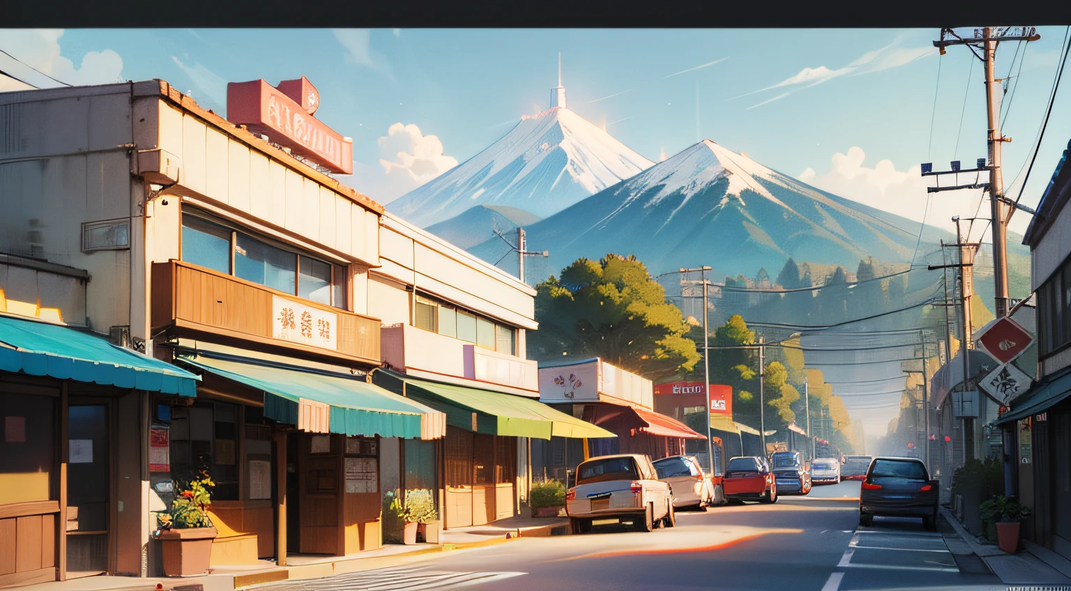 Commercial Buildings Illustration, Building with tropical mountain range in background, （Vista de montanhas），In a Japanese anime style，（Loja da cidade pequena com montanhas no fundo, movimento cotidiano），Detalhe abundante，Young and friendly atmosphere，Summer City, Retro Tones，Estilo de pintura delicado e suave，cinematic lighting effects，high-definition picture quality，luz suave，sonho，Detalhe abundante，32kinspirado em Edward Ruscha, grainy risograph matte painting, Tatsuro Kiuchi, inspirado em Emiliano Ponzi, Directed by: Brigette Barrager, inspirado em Charles W. Bartlett, Directed by: Carey Morris, Directed by: Quinton Hoover, Architectural illustration of small modern commercial establishments. Carro hypado passando na via