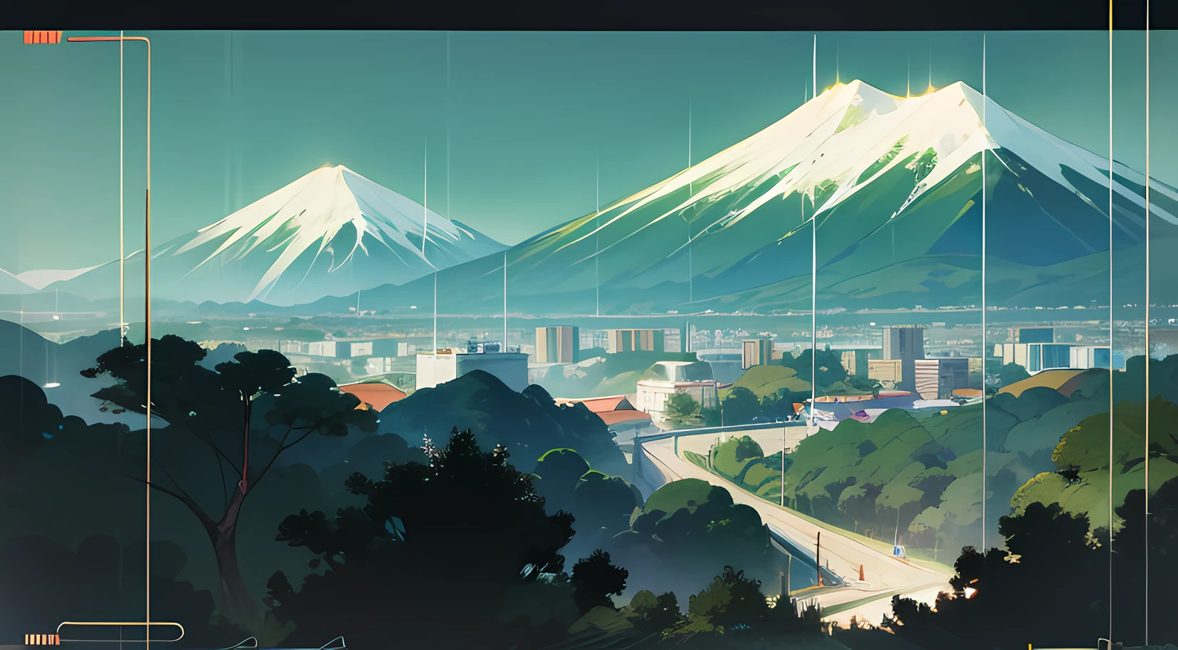 Commercial Buildings Illustration, Building with tropical mountain range in background, （Vista de montanhas），In a Japanese anime style，（Loja da cidade pequena com montanhas no fundo, movimento cotidiano），Detalhe abundante，Young and friendly atmosphere，Summer City, Retro Tones，Estilo de pintura delicado e suave，cinematic lighting effects，high-definition picture quality，luz suave，sonho，Detalhe abundante，32kinspirado em Edward Ruscha, grainy risograph matte painting, Tatsuro Kiuchi, um ponto de fuga central na imagem, serra montanhosa tropical, verde militar, carro hypado passando