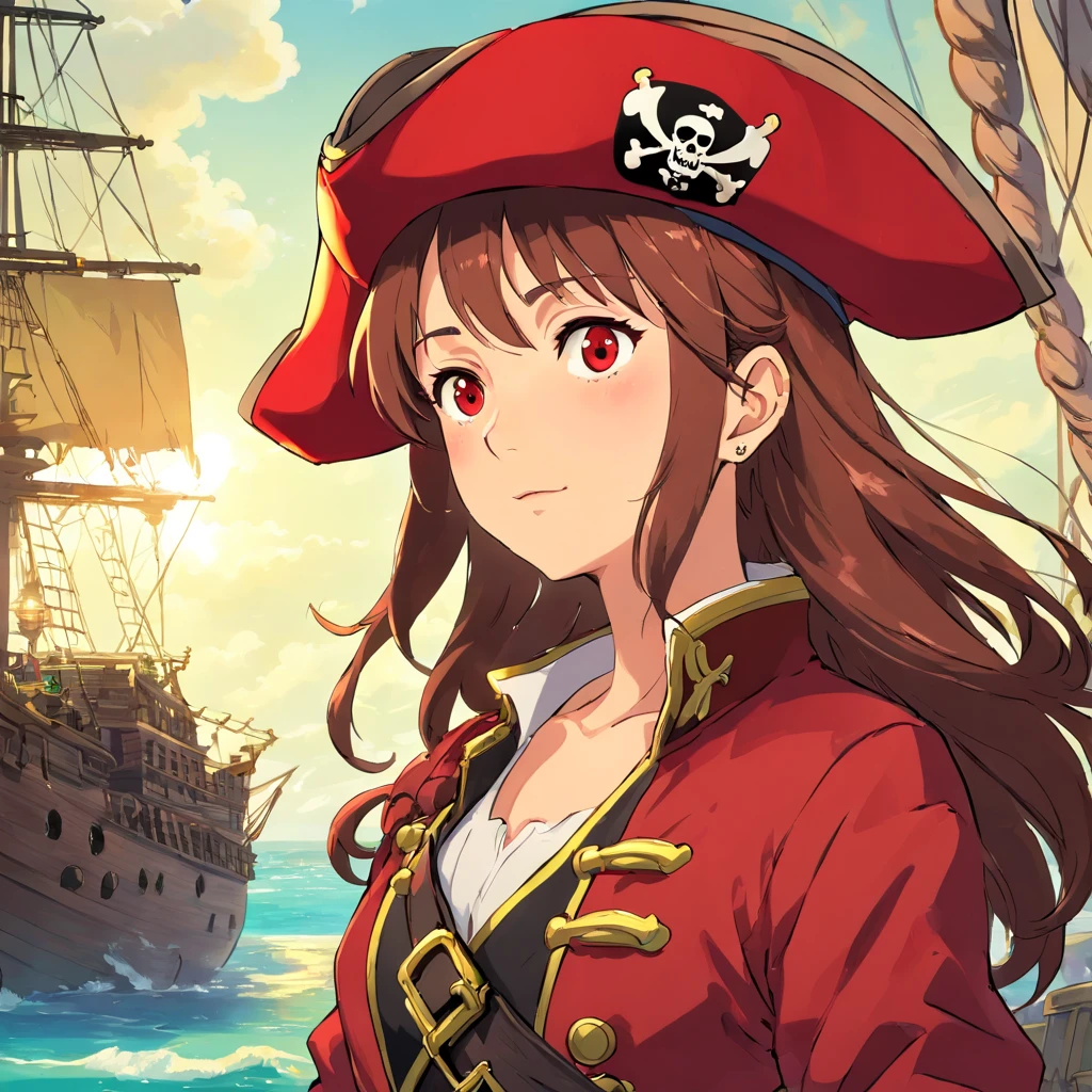 woman, brown hair, (red pirate hat:1.5), red pirate jacket, looking into distance