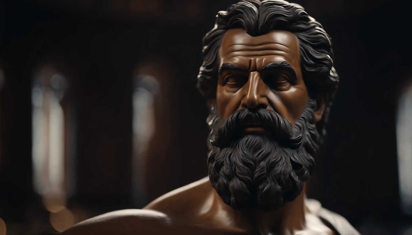 Greek philosopher muscular statue, big beard, cinematic, dark background, 8k, ultra realistic, setting from 2 thousand years ago