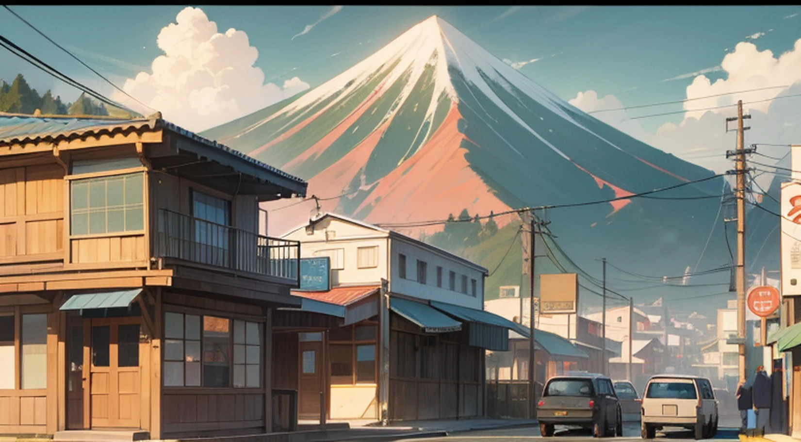 Illustration of small town commercial buildings, Building with tropical mountain in the background, （Vista de montanhas），In a Japanese anime style，（Loja da cidade pequena com montanhas no fundo, movimento cotidiano），Detalhe abundante，Quiet and friendly atmosphere，Summer City, Retro Tones，Estilo de pintura delicado e suave，cinematic lighting effects，high-definition picture quality，luz suave，sonho，Detalhe abundante，32kinspirado em Edward Ruscha, grainy risograph matte painting, Tatsuro Kiuchi, inspirado em Emiliano Ponzi, Directed by: Brigette Barrager, inspirado em Charles W. Bartlett, Directed by: Carey Morris, Directed by: Quinton Hoover, Architectural illustration of small modern commercial establishments.