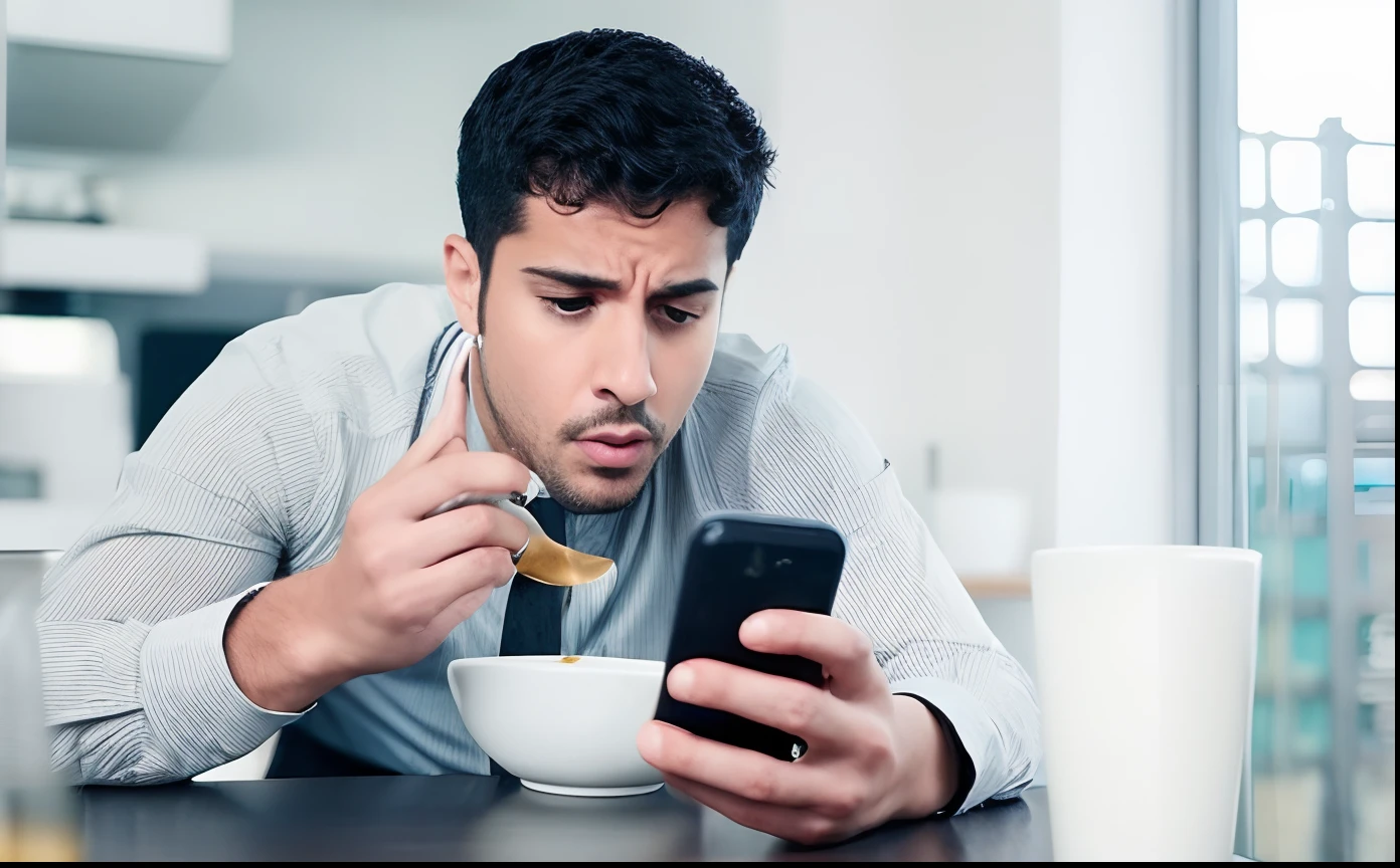 homem comendo cereais enquanto usa um telefone celular em uma mesa, olhando para o telefone dele, Comer, Motivacional, late morning, description, Directed by: Kurt Roesch, Aprimorado digitalmente, vida verdadeira, eating camera pov, morning hour, segure o smartphone, looking distracted, Inspirador, imagem da vida real, technological anguish, foto do instagram, Directed by: Joe Bowler, foto pinterest