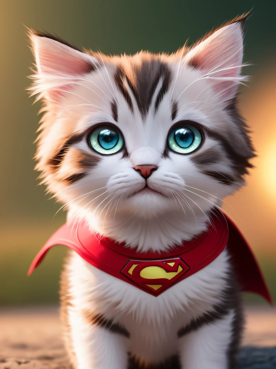 Little cute baby adorable kitten with big fluffy eyes, 8K, OCTANE RENDER, Wearing a Superman suit, professional light, depth of field 8k, professional photography, octane render, hyper realistic - amazing sunlight, Dynamic composition, Photography, Sharp focus, Bokeh