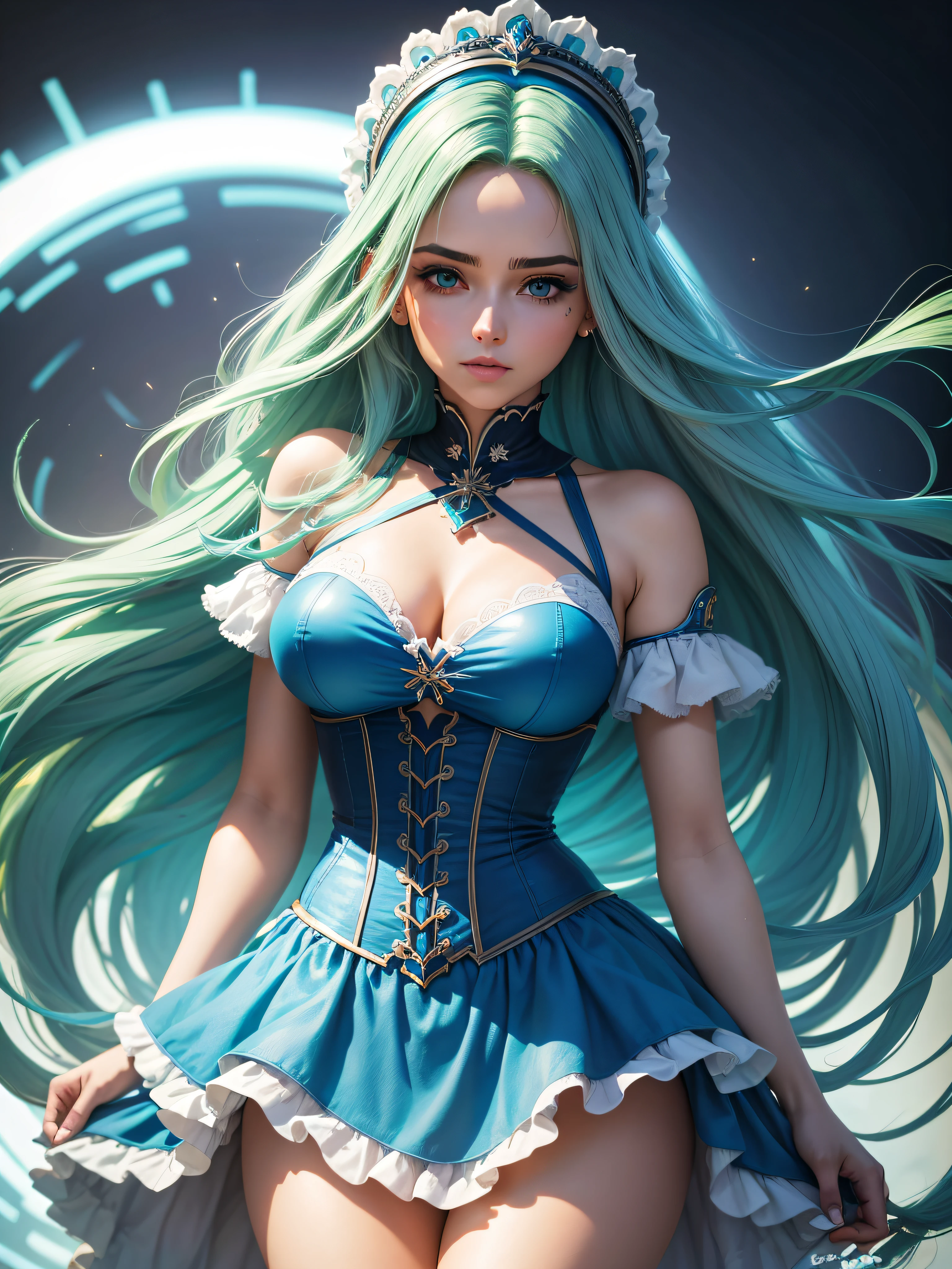 Uma garota de cabelo azul e olhos verdes, melhor qualidade, ultra detalhado