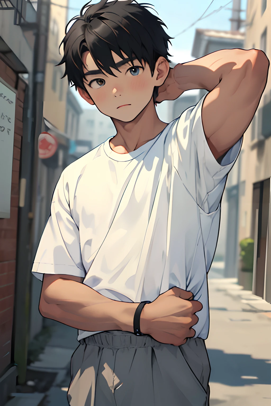 (master piece, best quality),The whole body of the outfit, arms restrained,handcuff,(very young boy),teen face,body tilt,Delicate big eyes,Open the eyes,,smooth and delicate skin,Short square face, surprise expression, childhood, young age, Short and round face, Flat chin, Finely detailed face,, short shiny black hair, , (yes shirt), , The Day, Vivid colors, (depth of field: 1.2) seen from the front