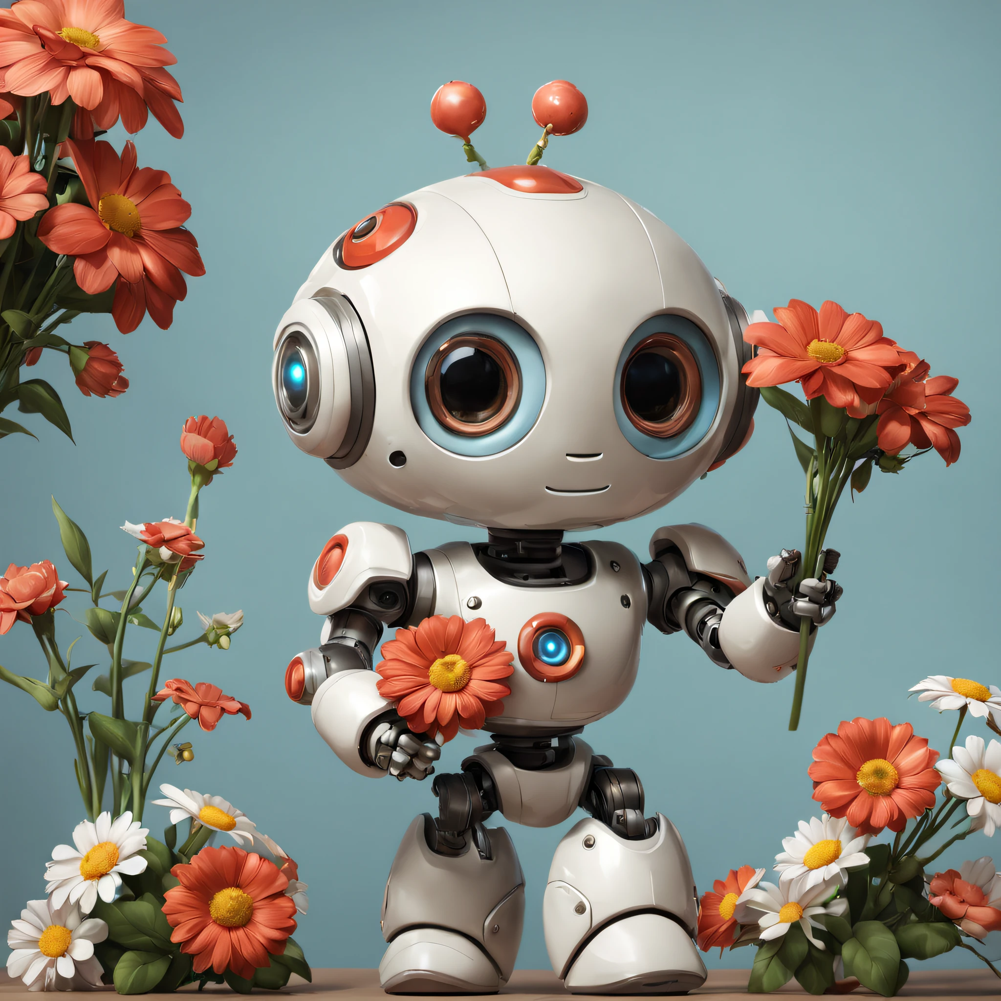 icon of cute robot with bouquet of flowers in hands, detailed, digital painting, cinematic character design by mark ryden and pixar and hayao miyazaki, unreal 5, daz, hyperrealistic, octane render