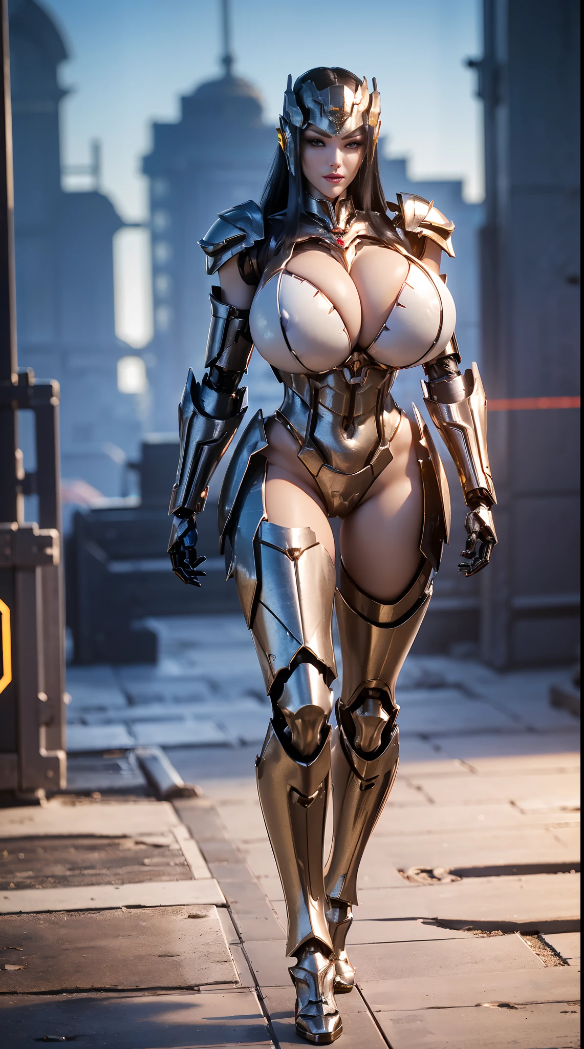 1GIRL, SOLO, (ssmile, makeup, beautifull eyes, red libs, black hair), (detailed face), super detailed face, (dragon mecha helm:1.2), (BIG BUTTOCKS, MUSCLE ABS, HUGE BOOBS:1.5), (MECHA GUARD ARM:1.3), (MECHA CYBER SHINY ARMORED SUIT, NSFW CLEAVAGE, MECHA GUARD ARMOR LEGS, HIGH HEELS:1.5), (SLENDER BODY, SEXY LONG LEGS, FULL BODY:1.4), (LOOKING AT VIEWER:1.3), (WALKING DOWN OF FUTURISTIC SPACE STATION:1), (BRIGHT LIGHTING:1.3), PHYSICALLY-BASED RENDERING, ULTRA HIGHT DEFINITION, 16K, 1080P.