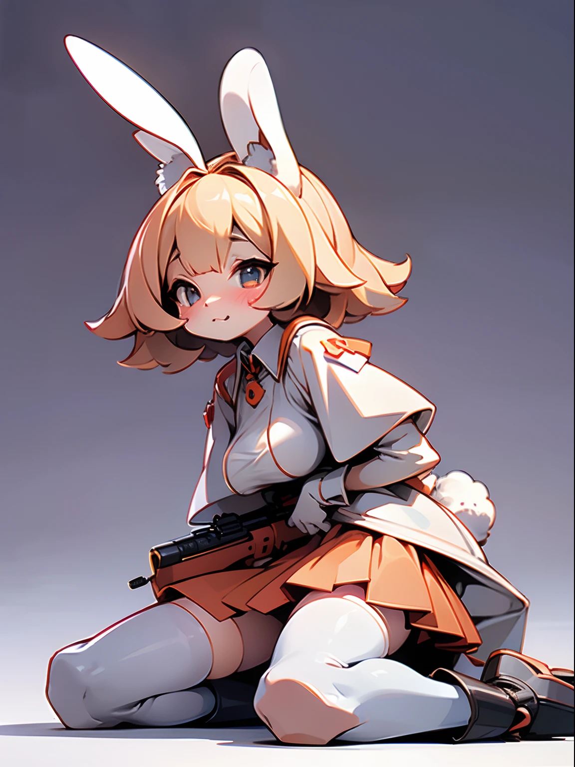 masterpiece、top-quality、hight resolution、8K、full body Esbian、Angle from the side、1 rabbit girl、((Big ears in rabbits))、sideways Facing、soldier、Military uniforms、short-hair、Colossal tits、cleavage of the breast、big eye、kawaii eyes、Draw your face beautifully、Standing on one knee、Aiming with a rifle、micromini skirt、Chewing carrots like tobacco、pantiy、Panchira、perspiring、The background is ruins、