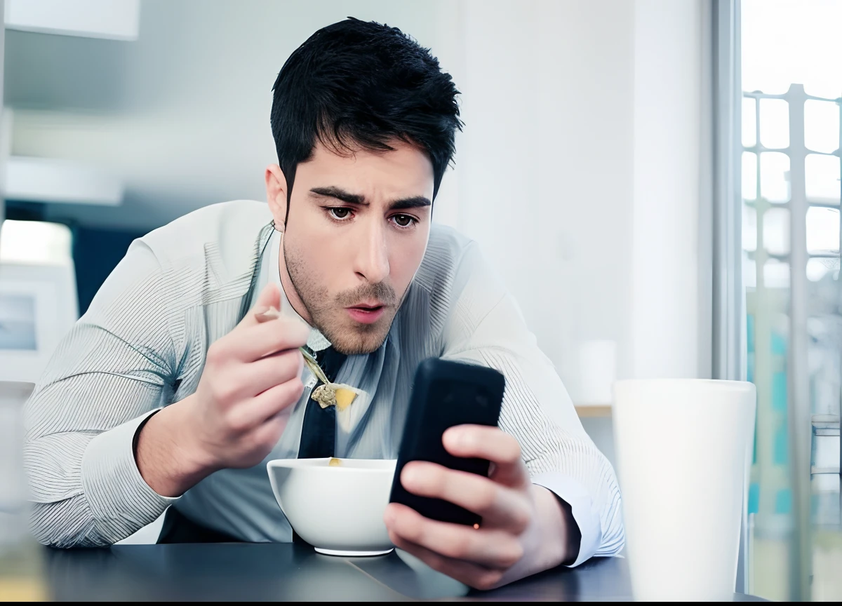 homem comendo cereais enquanto usa um telefone celular em uma mesa, olhando para o telefone dele, Comer, Motivacional, late morning, description, Directed by: Kurt Roesch, Aprimorado digitalmente, vida verdadeira, eating camera pov, morning hour, segure o smartphone, looking distracted, Inspirador, imagem da vida real, technological anguish, foto do instagram, Directed by: Joe Bowler, Foto Pinterest
