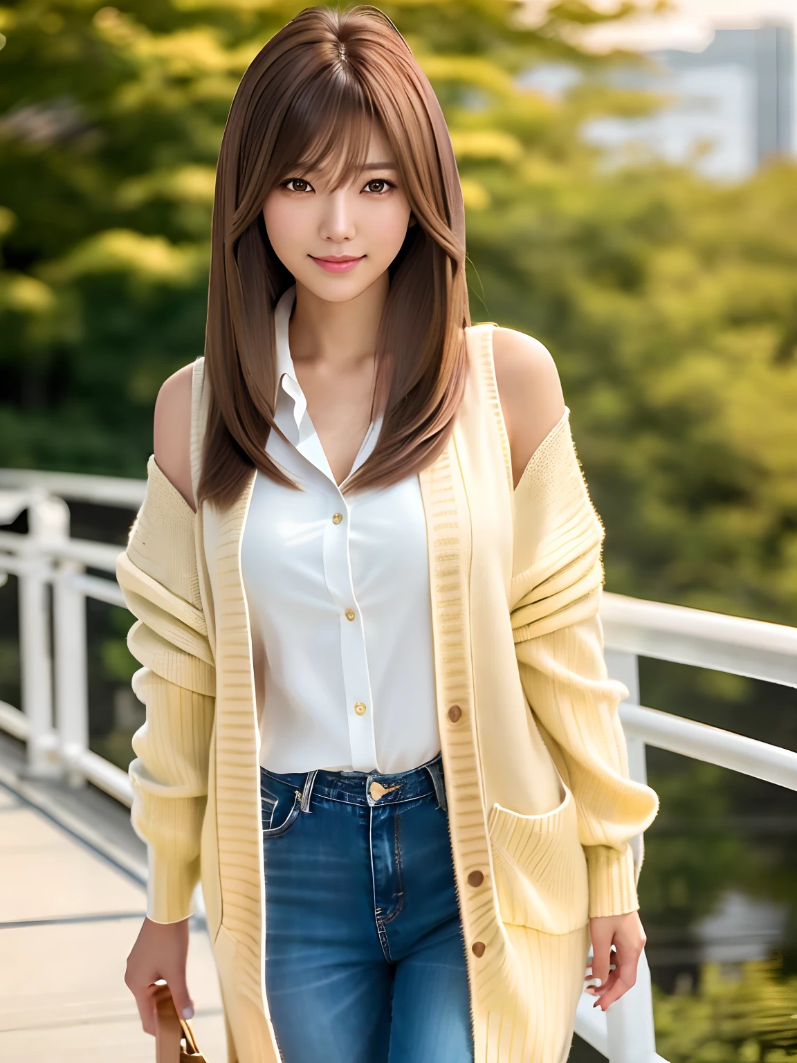Product quality, 1 girl, Cowboy Shot, Front view, a Japanese young pretty girl, Long bob hair, Wearing a wedding ring, Standing on a large pedestrian bridge in the city with a big smile, Wearing a long-length light yellow cardigan over a satin silk white shirt with collar, Wear light brown long jeans, Shoulder Bag, hyper cute face, Glossy lips, double eyelids for both eyes, Natural makeup, shiny smooth light brown hair of a long bob hair, asymmetrical bangs, Tanned skin, High resolution, high detailing, detailed hairstyle, Detailed face, Cinematic lighting, Octane Rendering, Hyper realistic, Perfect limbs, Perfect Anatomy