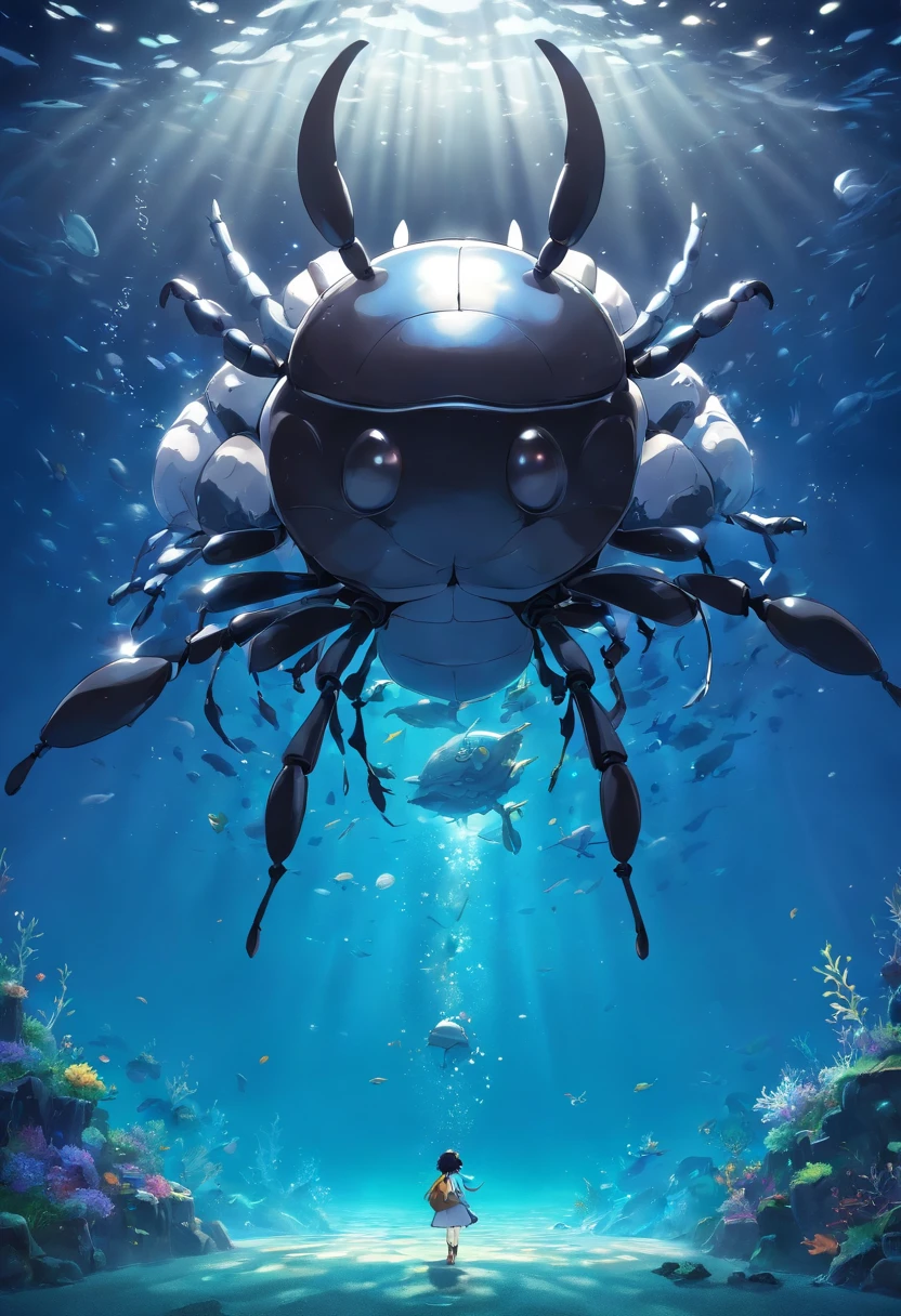 Curious black white big thing in ocean star in 3d drawing beetle sticking out of head