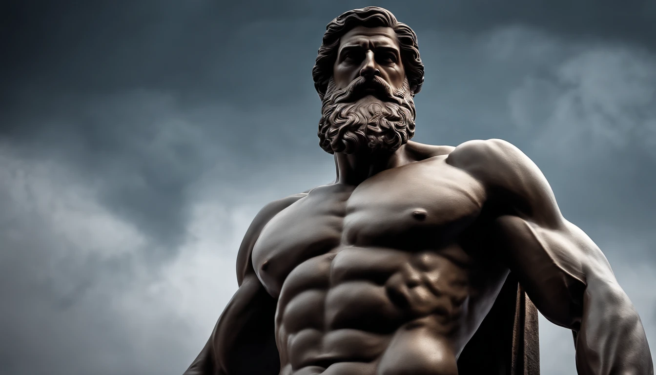 Greek philosopher muscular statue, big beard, cinematic, dark background, 8k, ultra realistic, setting from 2 thousand years ago