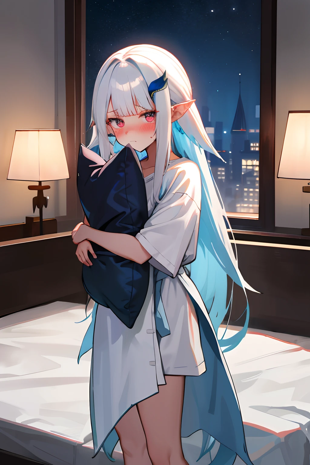 One girl with long hair, white hair, looking at viewer, embarrassed, blushing, tears, indoor , oversized naked t shirts, pointy ears, perfect waist, bed, standing, night atmosphere, hair ornament, pillow hug