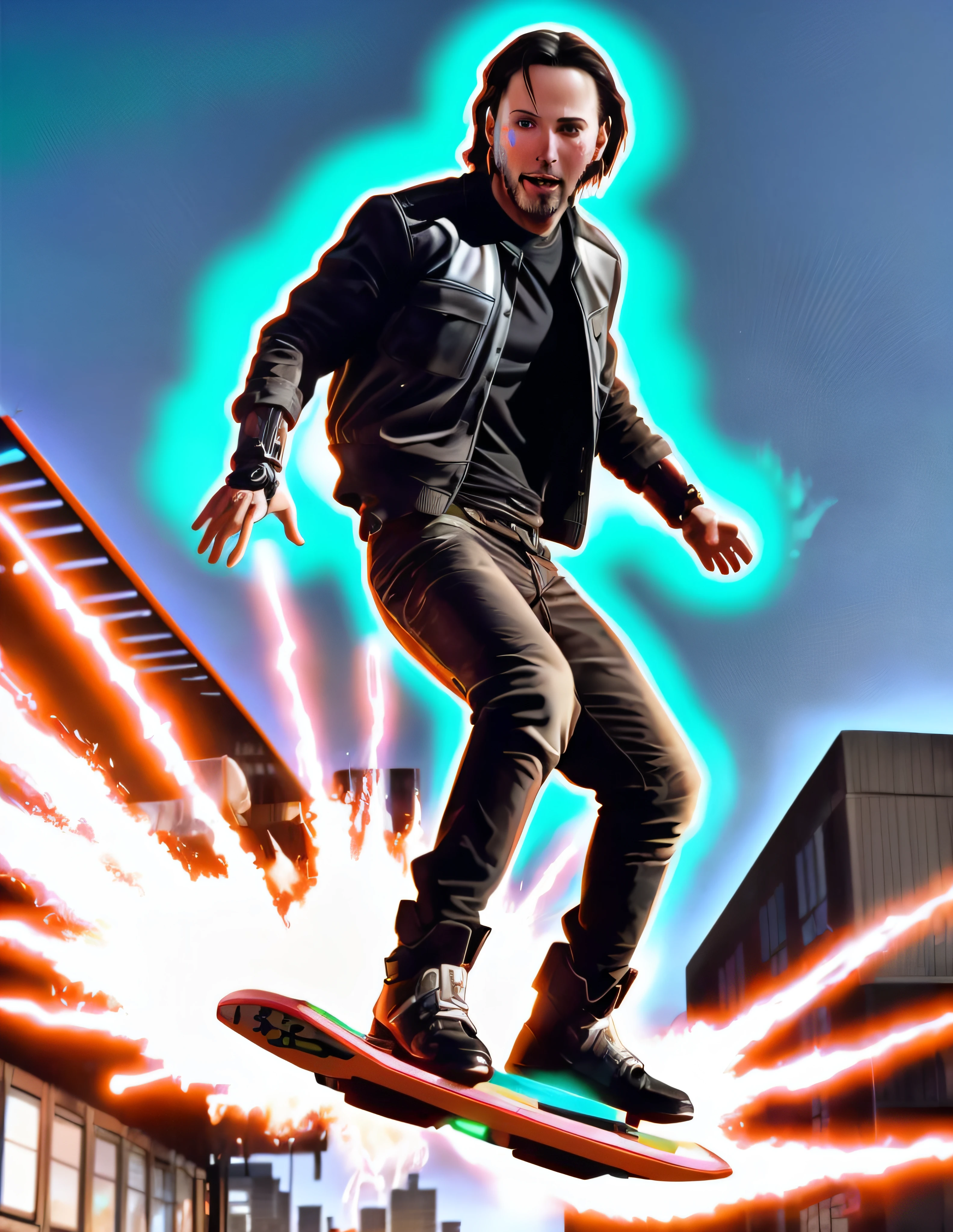 biomechanical cyberpunk keanu reeves as marty mc fly anime charakter riding a b2fhboard, at night city, from back to future,explosion, glitterbomb, smoke, neon lights, aktion filmmechanical arm, android . cybernetics, human-machine fusion, dystopian, organic meets artificial, dark, intricate, highly detailed