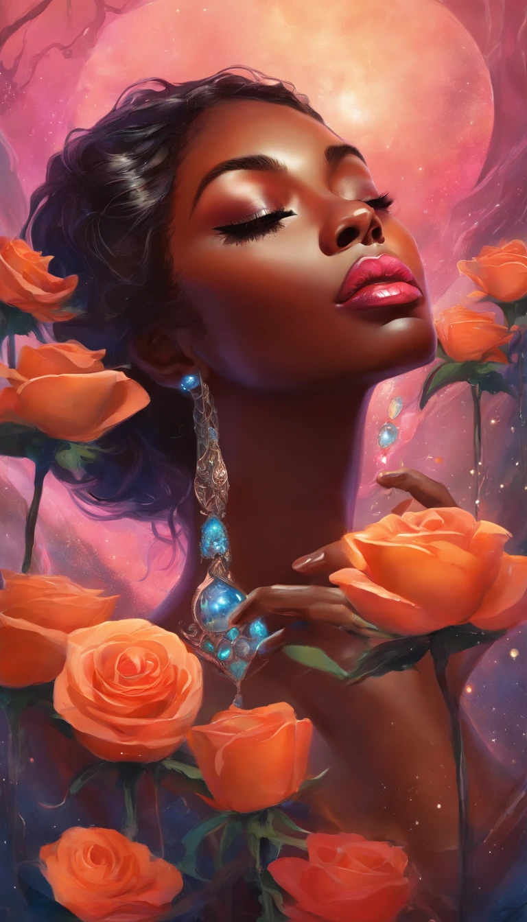 beautiful sensual naked black woman danding inside giant wet rose liquid chrome