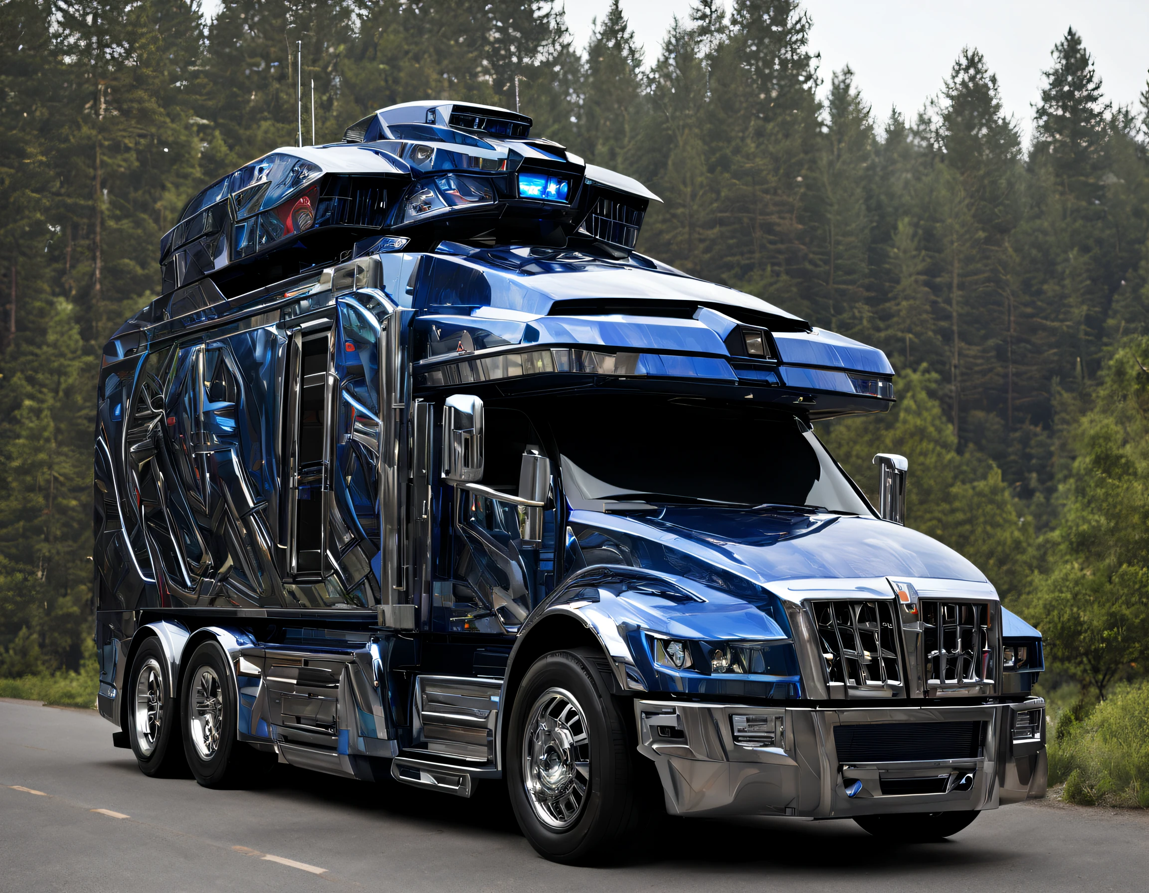 Ford Transformer Rv Arafed truck with a large trailer on the road in the woods - SeaArt AI