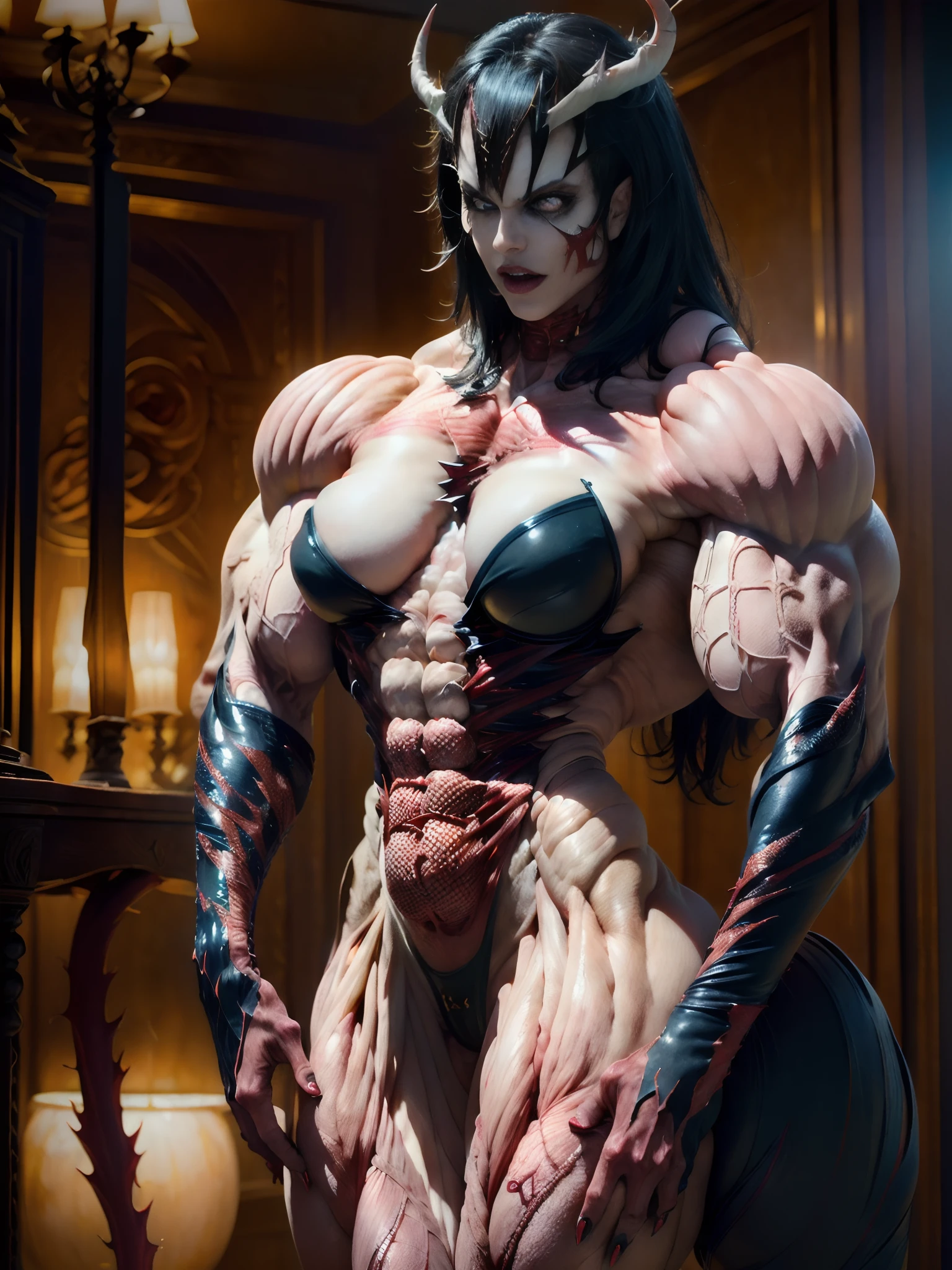 (carnage:1.5),(beautiful female model:1.5), (demoness with Large horns:1.25),(1 super muscular succubus with flayed skin:1.5), (covered in thick muscle suit:1.5), (exposed perfect anatomy:1.5), high detail, best quality, masterpiece, finely detail, realistic skin texture, 85 mm art lens, f 1.2, sharp focus, 8 k high definition, insanely detailed, intricate,