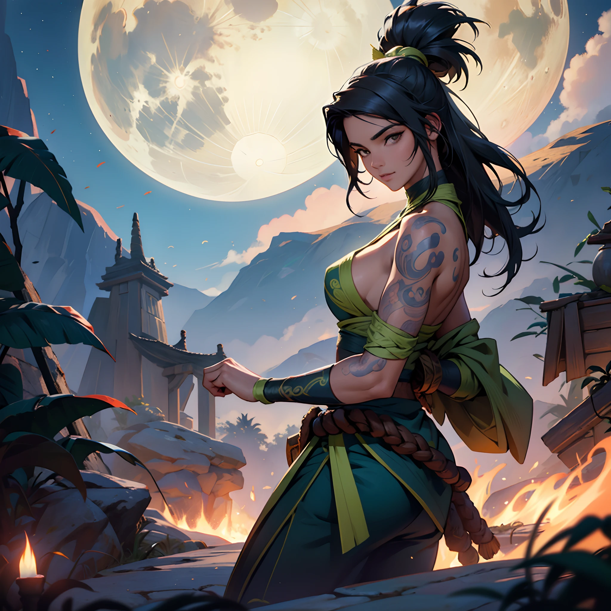 (alta qualidade: 1.3), Cinematic Shot, master part, (foco nítido: 1.5), (fotorrealista: 1.3), (pele altamente detalhada), (Rosto detalhado), (Pose dinamica) personagem akal de league of legendes sentada debaixo de uma cerejeira , akali, ao fundo uma lua cheia (cenario oriental)