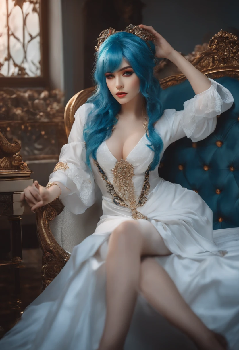 there is a woman with blue hair sitting on a bed, anime girl cosplay, ornate cosplay, anime cosplay, cosplay, anime goddess, elegant glamourous cosplay, anime character; full body art, glamourous cosplay, seductive anime girl, ig model | artgerm, rococo cyberpunk, beautiful alluring anime woman, ! dream artgerm, like artgerm