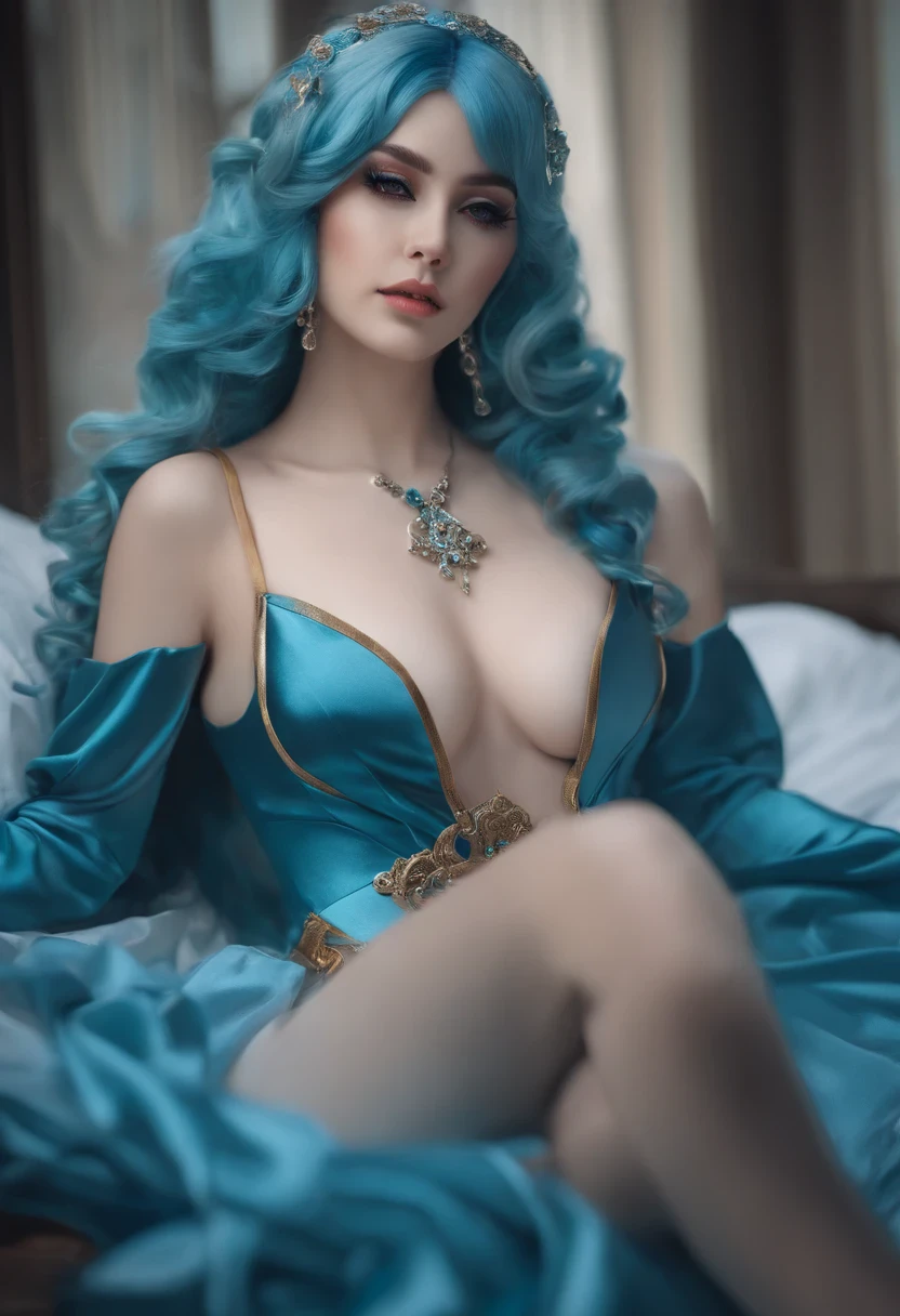 there is a woman with blue hair sitting on a bed, anime girl cosplay, ornate cosplay, anime cosplay, cosplay, anime goddess, elegant glamourous cosplay, anime character; full body art, glamourous cosplay, seductive anime girl, ig model | artgerm, rococo cyberpunk, beautiful alluring anime woman, ! dream artgerm, like artgerm