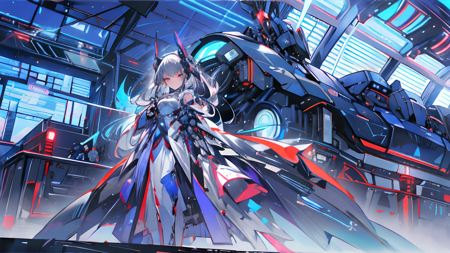long white hair、purple dress in front of a train、full body、masterpiece、top-quality、ultra-detailliert、very detailed illustration、ighly detailed、intricate-detail、hight resolution、super complex details、Highly detailed 8k CG wallpapers、Caustics、Reflectors、Ray traching)、独奏、Alone、(Blue_theme:1.3)、(greys_theme:1.3)、(mecha musume、machine components、mechanical arms、mechanical legs、head gear、Complex mechanical bodysuit、Mechanical Energy Wing、mechanical wings、Electromechanical components、train Parts、trains、System Dynamics)、(robe)、Very long hair、A dark-haired、 blue eyess、radiant eyes、Eye trajectory、random facial expression、TOKYOcty(Shibuya)、城市、Night time、Sateen、((Neon light、Blue Neon Light))、(细致背景、城市、Building Street、Green grass)、((masterpiece))、absurderes、nffsw、(Classic Headshot Pose)、cyberpunkcity、masterpiece、hight resolution、A detailed、