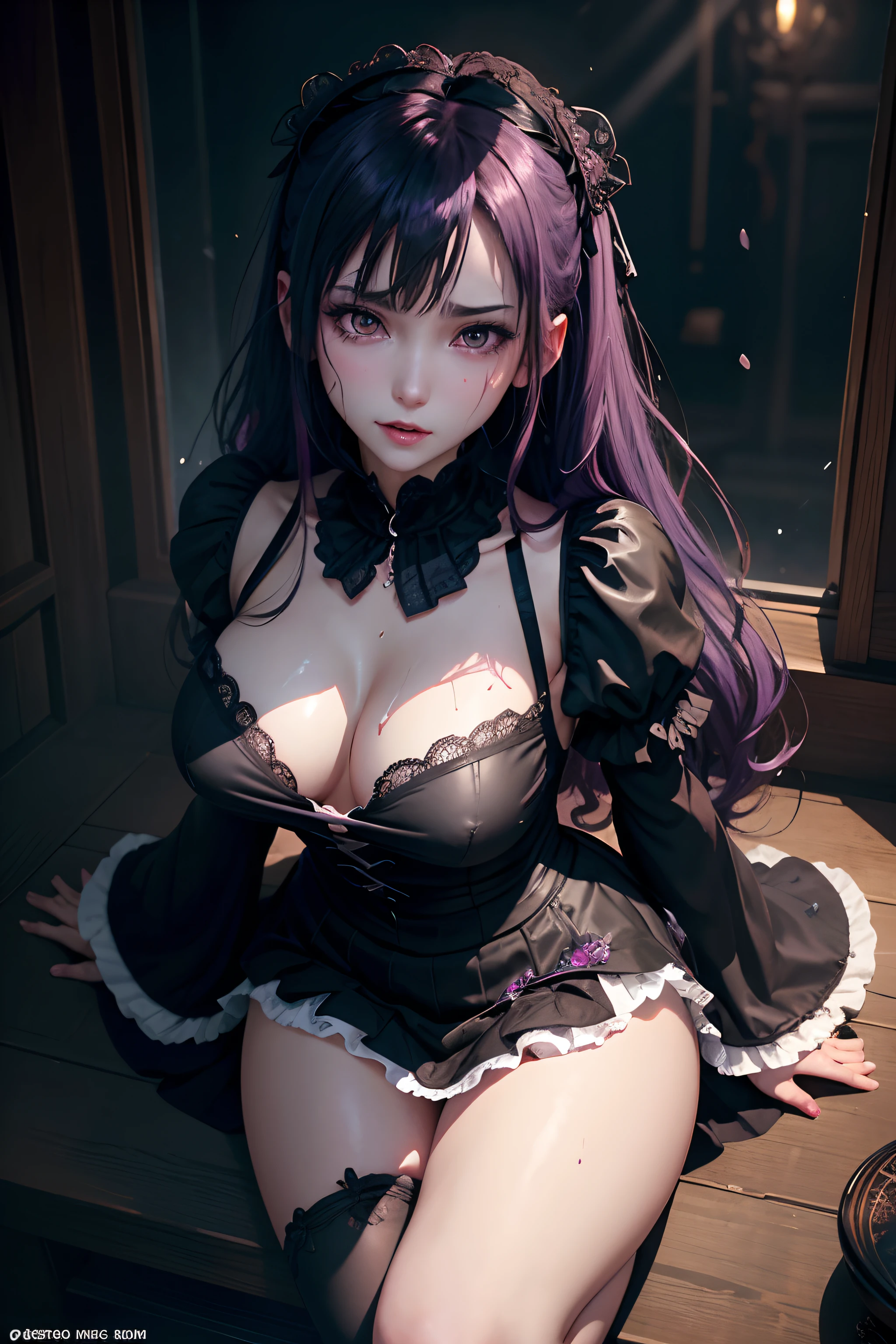 Fornication、Hard Dark Gothic Makeup、Maniacal、Deep night sky、horor、Black Dark Eyeshadow、slaves、crying how bright、mourn、Sad songs、Good skin luster、Lace pink、Long hair straight hair、Dark Gothic Makeup、Dark smile、Restless Palace、Expressions of sexual arousal、Fragrant beauty、age19、carriage、Lying、seductiv、Strong sexual pleasure facial expressions、A look of shame、Dark Gothic、Gothic Long Dress、Gothic ta、masturbation、bell sleeves、Wizard Sleeve、Obscene look、Stained glass background、masutepiece、Best Quality、Ultra-detailed、Refers to 5 books、Sweat glitters on my chest、Glitter of sweat on your face、Expression of sexual pleasure in anguish、Drunken face、maid clothes、Nasty Woman、Mysterious、noble、Face holding back the toilet、Goth lolithes、Black pretend skirt、View from above、the body is wet and shiny、Transcendent sex appeal、sexy pose、Nasty poses、Face of fiery body、sloppily open your legs、Sweating profusely、Glitter on the thighs、I'm sweating a lot、a little slender、Breast Size Medium、cross one's legs、Affectionate smile、twin-tail hair、Bright purple hair、Slender system、
