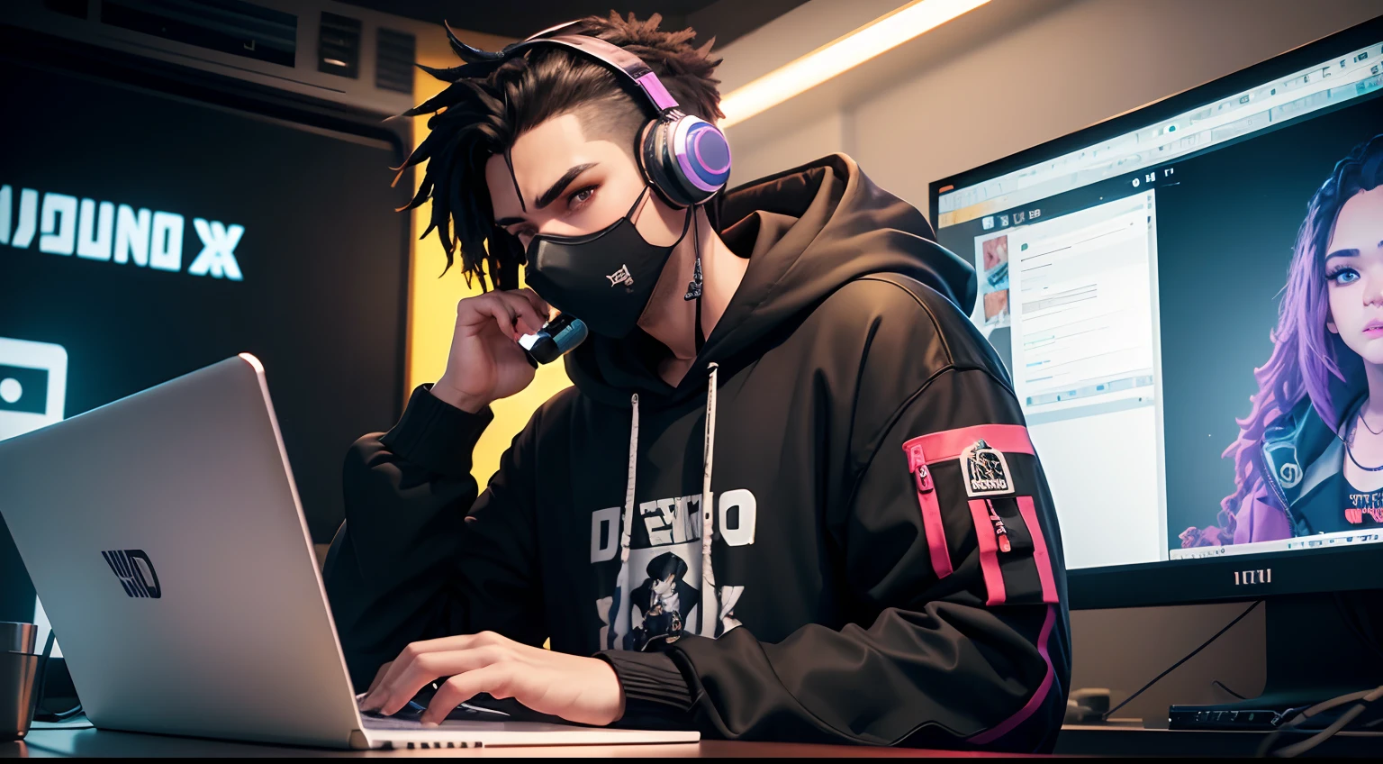 cartoon of a man in a realsitic awesome hoodie sitting at a desk with a microphone, discord profile picture, cyber aesthetic, the encrypted metaverse, art depicting control freak, background artwork, vaporwave cartoon, black hair, rapping into microphone, 2d illustration, cyberpunk art, A beatmaker with a mask wearing headphones in a homestudio, laptop on table, looking into camera, youtube studio, background wall with youtube golden play button, best quality, hd