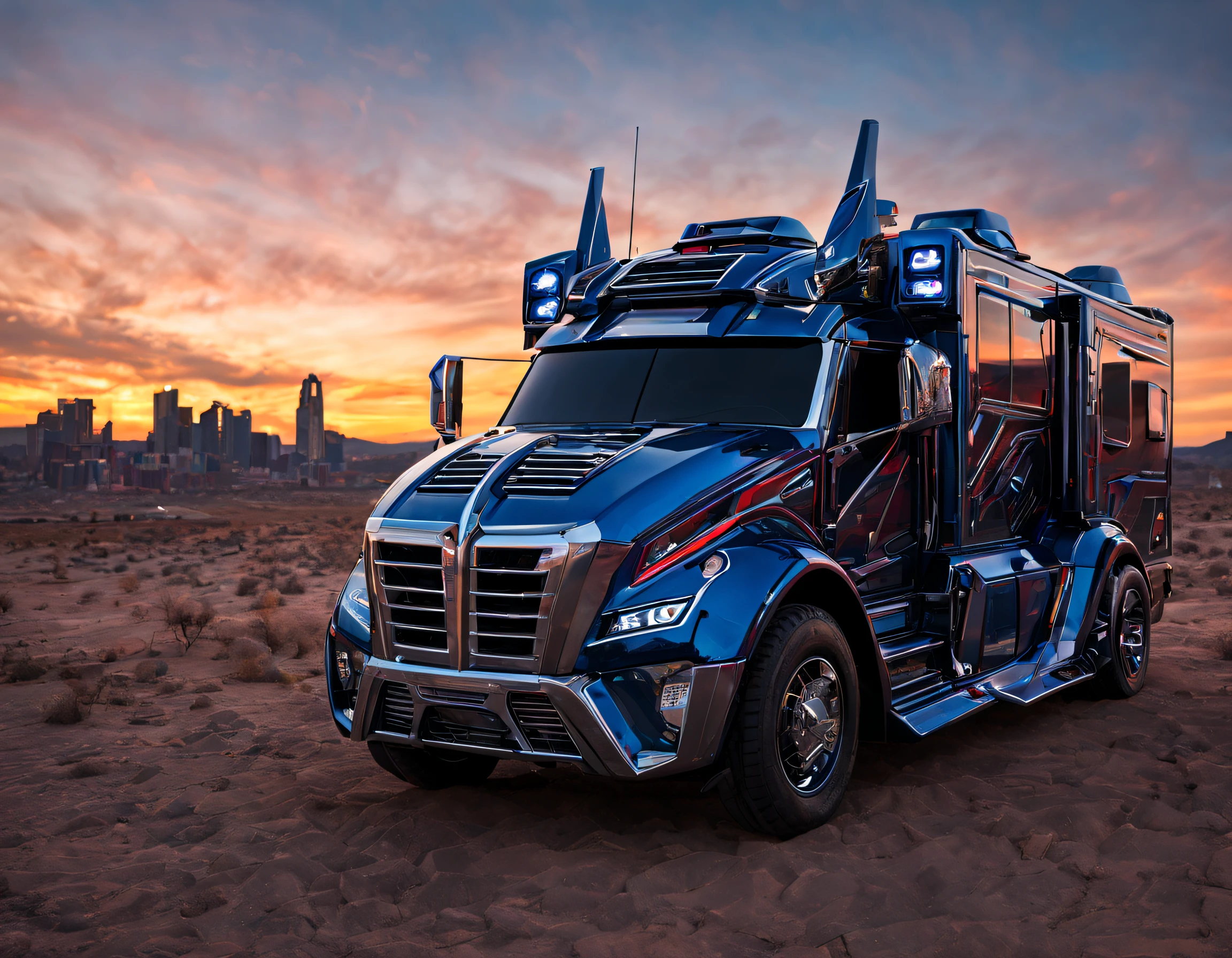 Transformer RV,An RV,Campervan, Autobot,Optimus Prime,sci-fy,cyber punk style,high - tech