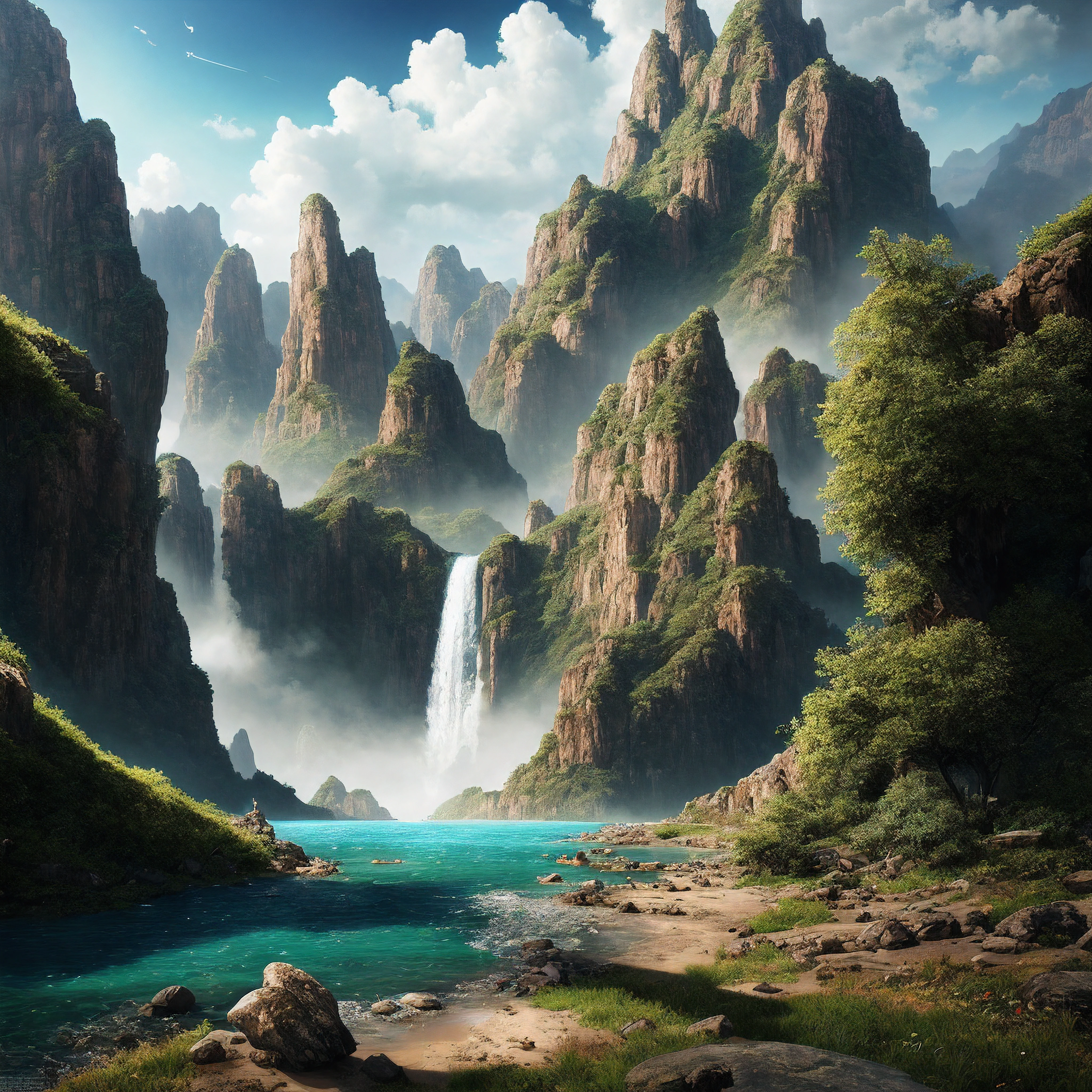 masterpiece, best quality, high quality, extremely detailed CG unity 8k wallpaper, scenery, outdoors, sky, cloud, day, no humans, mountain, landscape, water, tree, blue sky, waterfall, cliff, nature, lake, river, cloudy sky,award winning photography, Bokeh, Depth of Field, HDR, bloom, Chromatic Aberration ,Photorealistic,extremely detailed, trending on artstation, trending on CGsociety, Intricate, High Detail, dramatic, art by midjourney