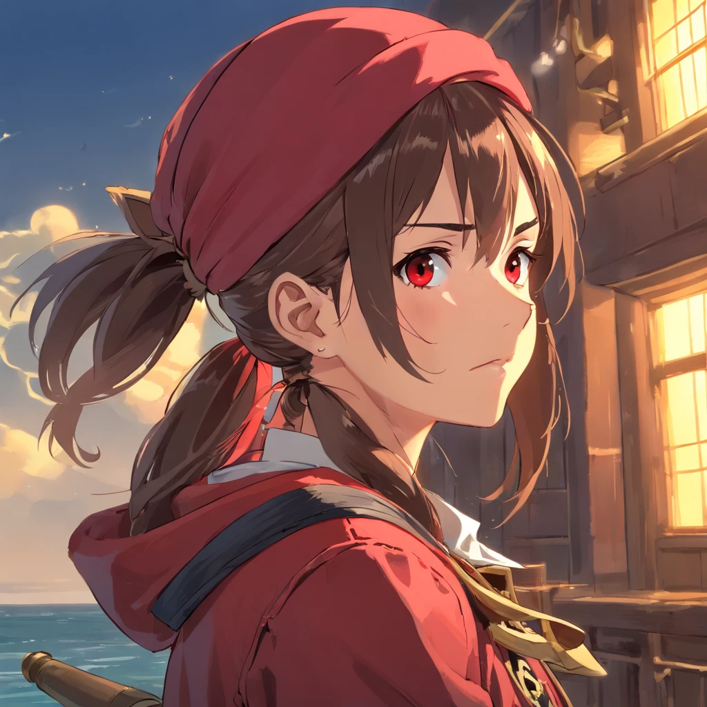 woman, brown hair, (red pirate hat:1.5), red pirate jacket, sad face, side view, pigtail