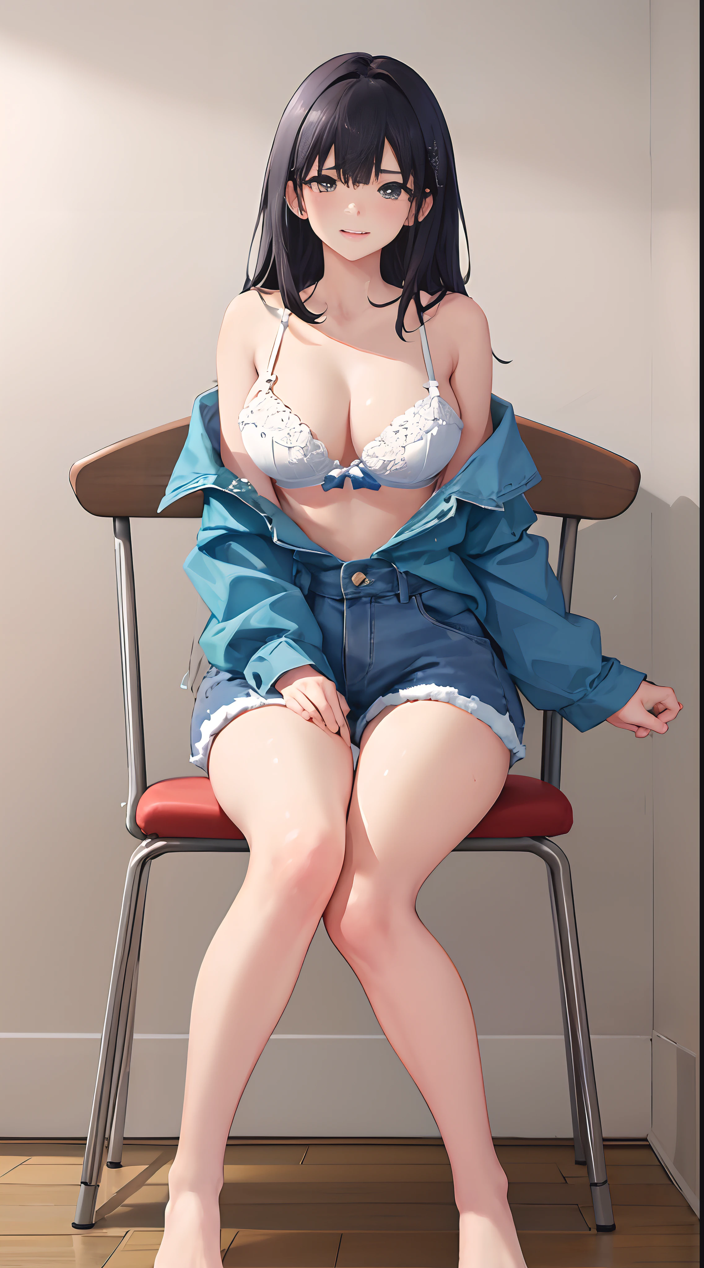 4k高清,1girll, 独奏, She wears white lace lingerie,Wear blue denim shorts,Exposing thighs,sit on chair,The breasts are particularly large,Perfect hands,Body sweating,Long black hair
