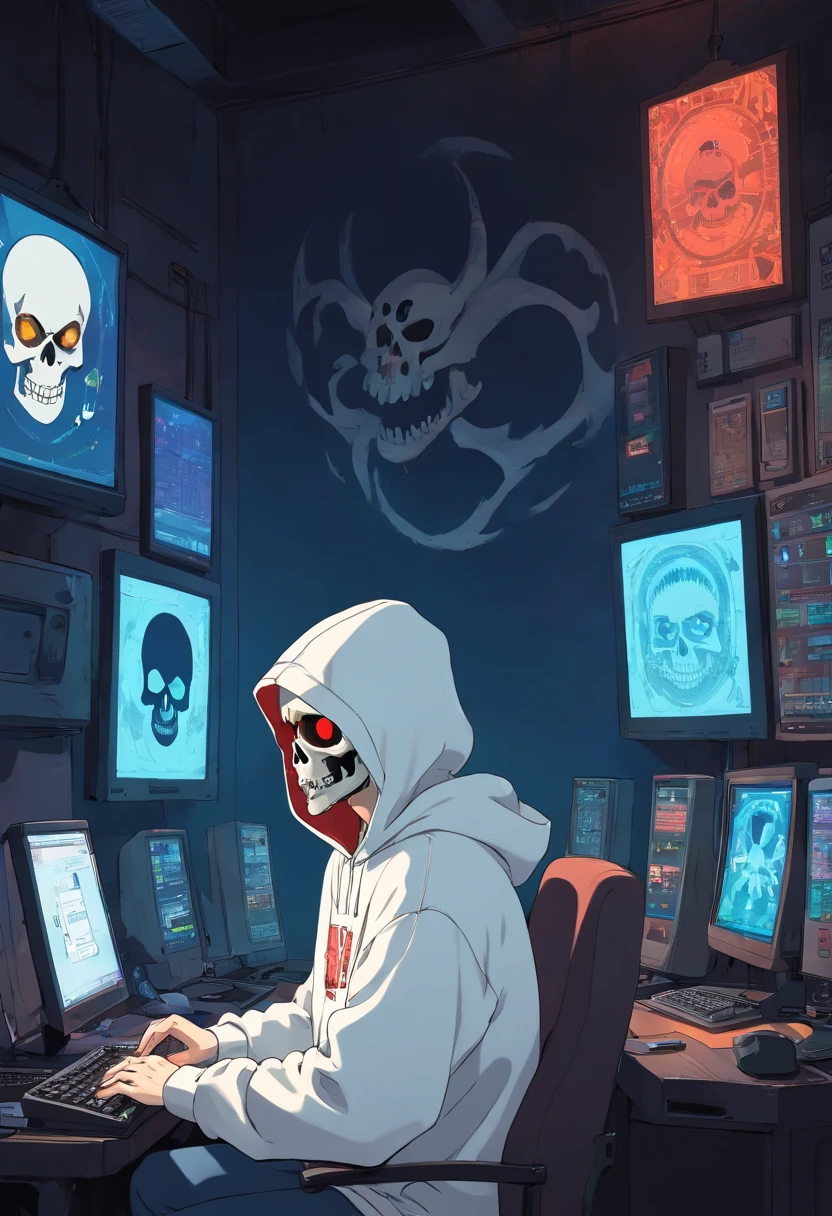 A man with a skull mask in a white hoodie broadcasts a graphic on a computer in a very dark room