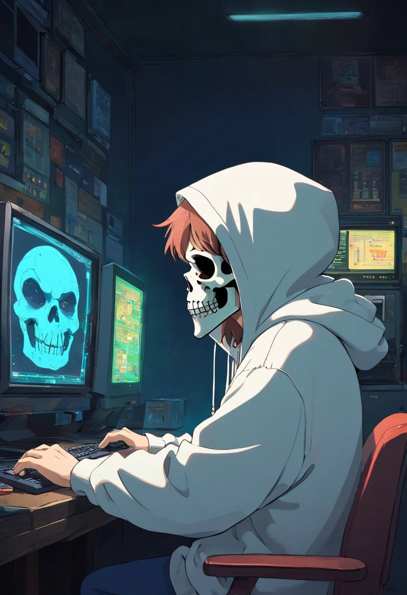A man with a skull mask in a white hoodie broadcasts a graphic on a computer in a very dark room