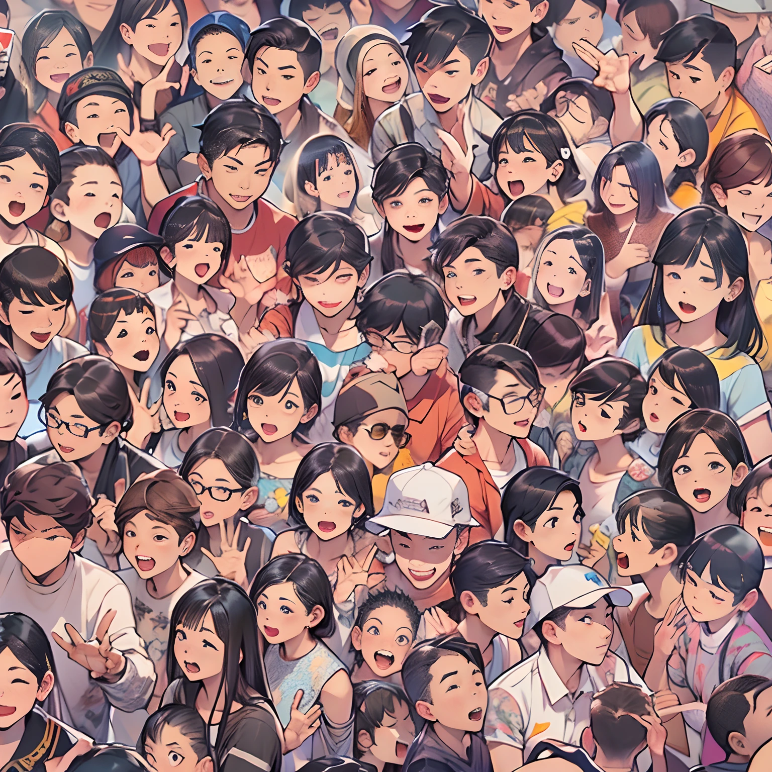 Crowded live streaming rooms, People who stand in their own shoes々, Express yourself with enthusiasm with gestures, Full of curiosity and confusion, ,In the style of star art group Xing, 32K, Best Quality, masutepiece, Super Detail, high details,