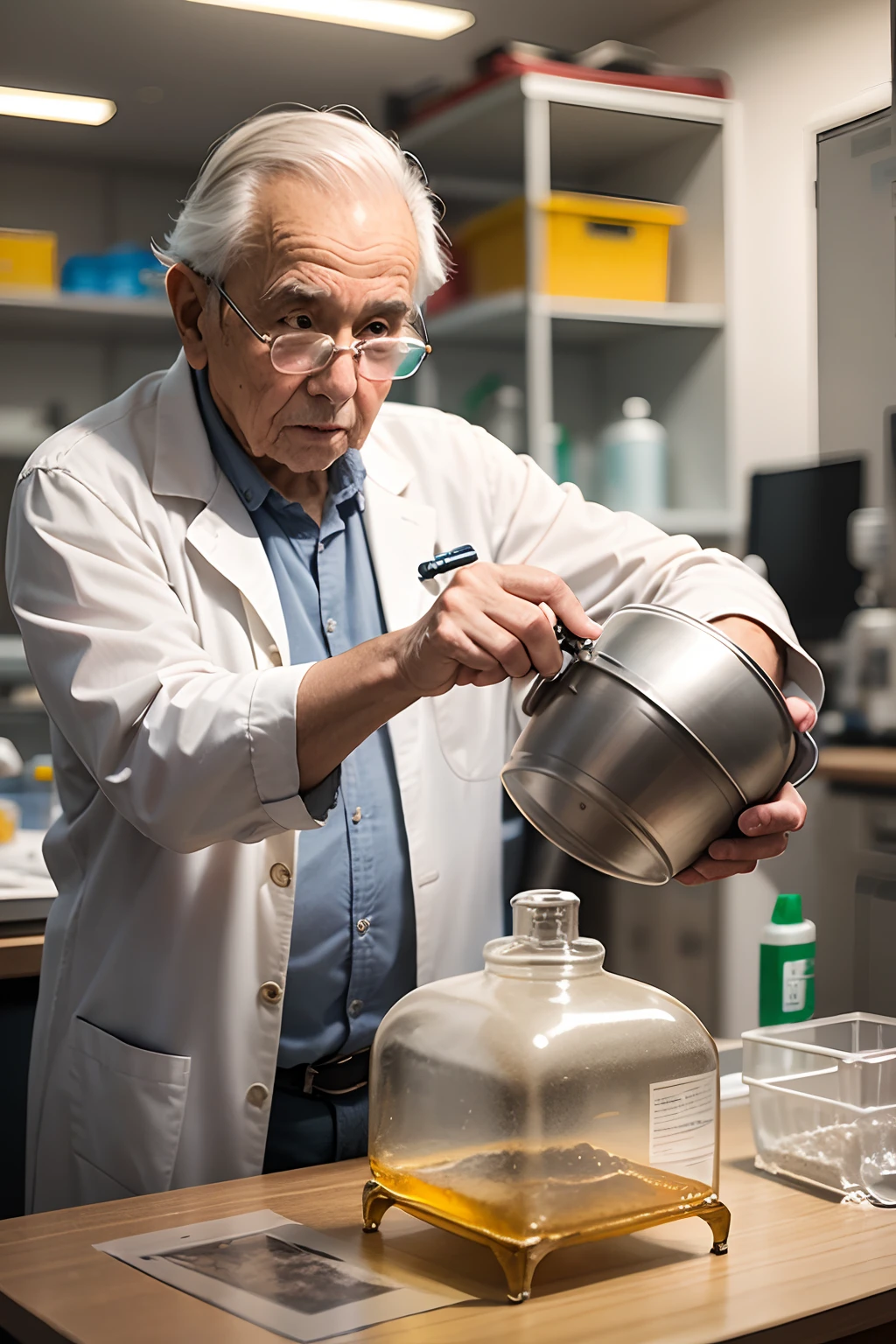 75-year-old grandfather、Investigador con bata blanca、apariencia々Escena de un laboratorio con equipos、Small, short figure、
