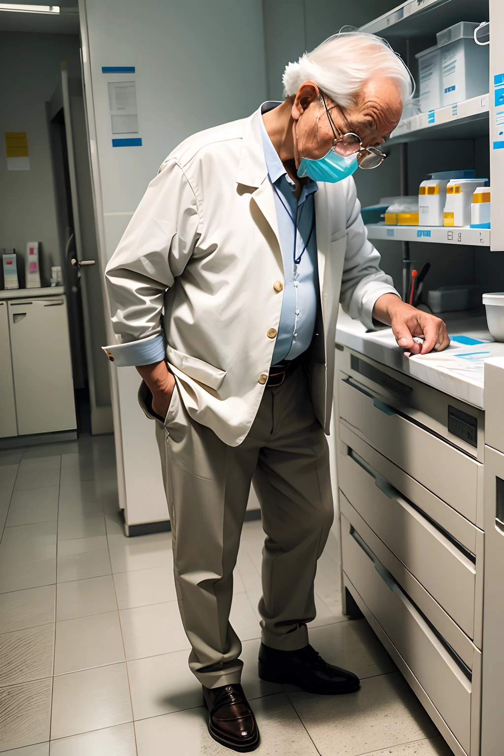 75-year-old grandfather、Investigador con bata blanca、apariencia々Escena de un laboratorio con equipos、Small, short figure、