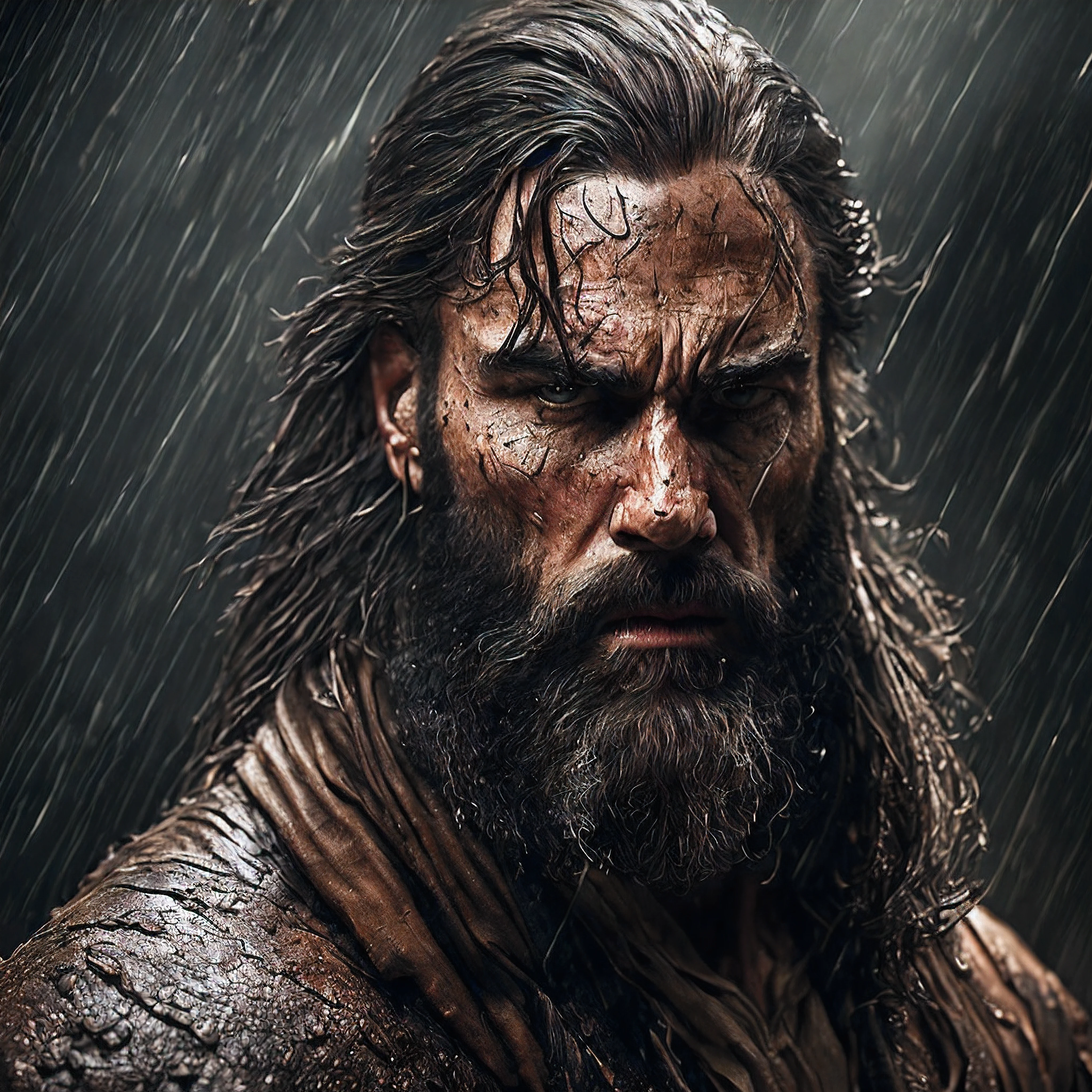 (Cinematic Photo:1.3) of (Ultra detailed:1.3) photo of the most beautiful artwork in the world featuring soft lustrous, ((epic heroic fantasy muscular rugged wet wounded hero man angry looking with long hair and long beard and fierce looking in a dynamic posture)), chest, full face,(dark background:1.4) (epic realistic, hdr, intricate details, hyperdetailed, cinematic, rim light, muted:1.5), ((fantastic location, majestic cluttered environment)), skin pores, very dark lighting, heavy shadows, detailed, detailed face, (photo realistic, dramatic, dark, sharp focus, 8k), (weathered damaged old worn leather outfit:1.5), (intricate:1.4), decadent, (highly detailed:1.4), octane render, sharp focus, heavy rain, particles floating,(by Artist Greg Rutkowski:1.3),Highly Detailed,(Kinemacolor:1.3)